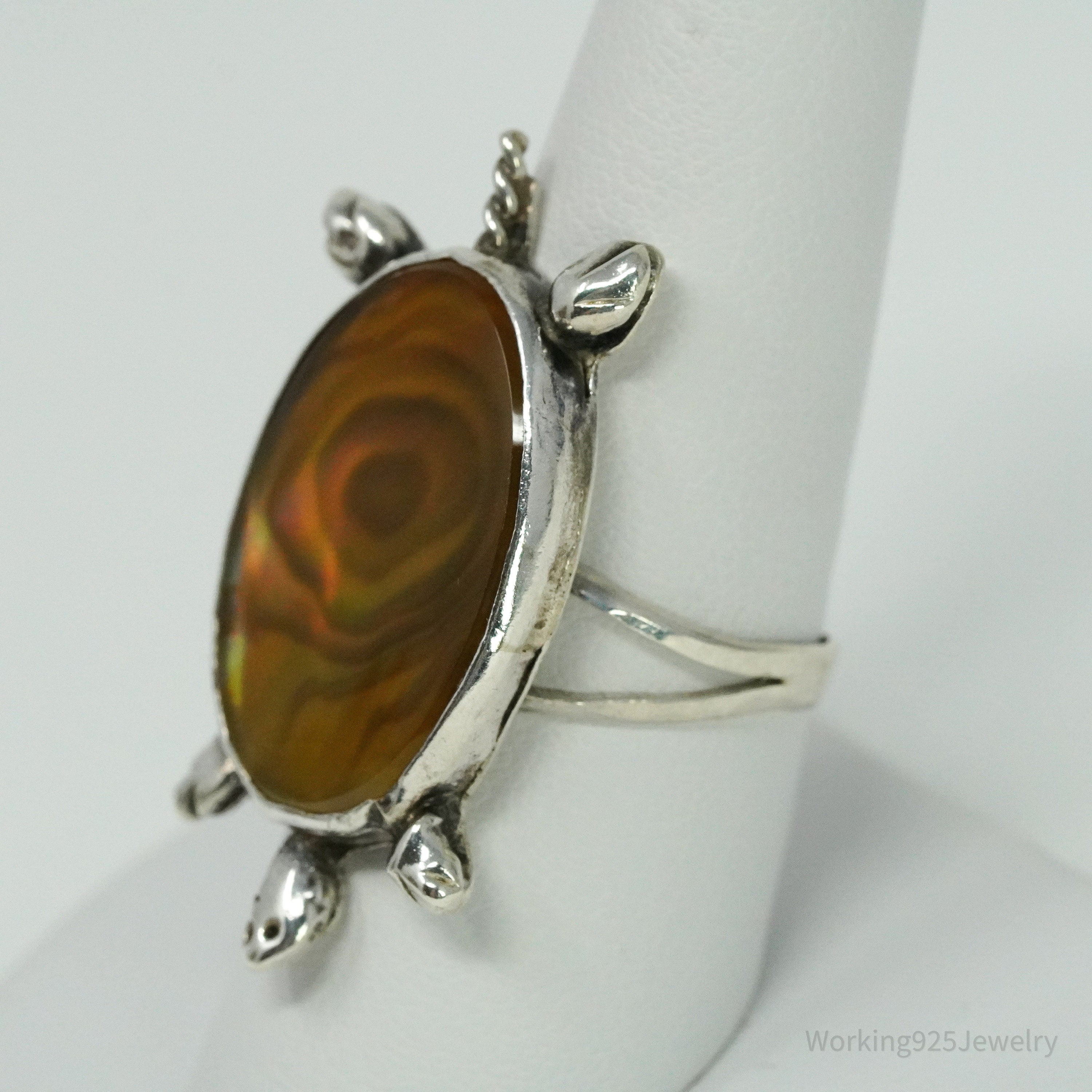 Vintage Abalone Paua Shell Inlay Turtle Silver Ring - Size 8.5