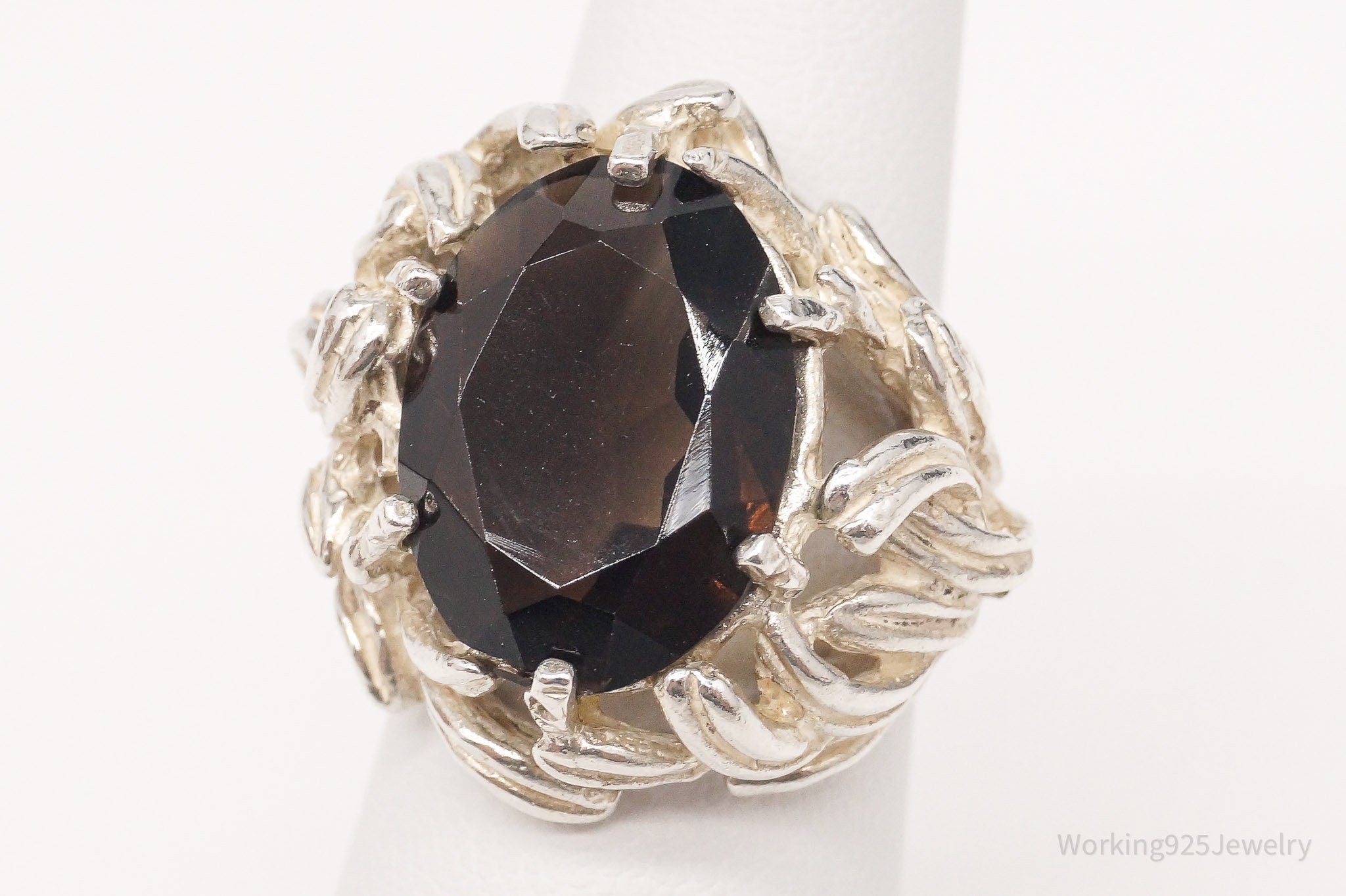 Vintage Mid Century Large Smoky Topaz Silver Ring - Size 5.75