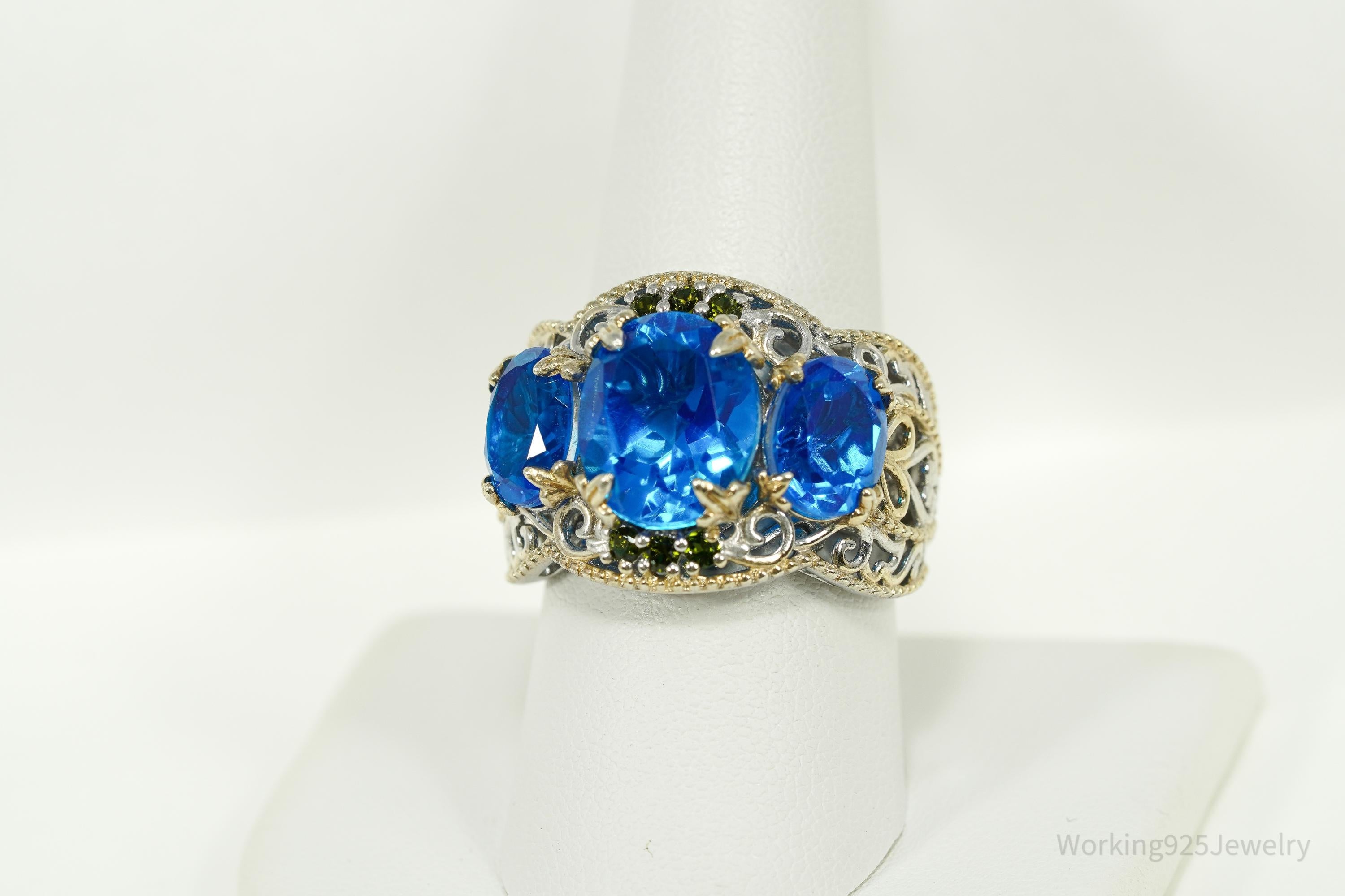 Vintage Chuck Clemency Blue Topaz & Peridot Gold Vermeil Sterling Silver Ring - Size 9.25