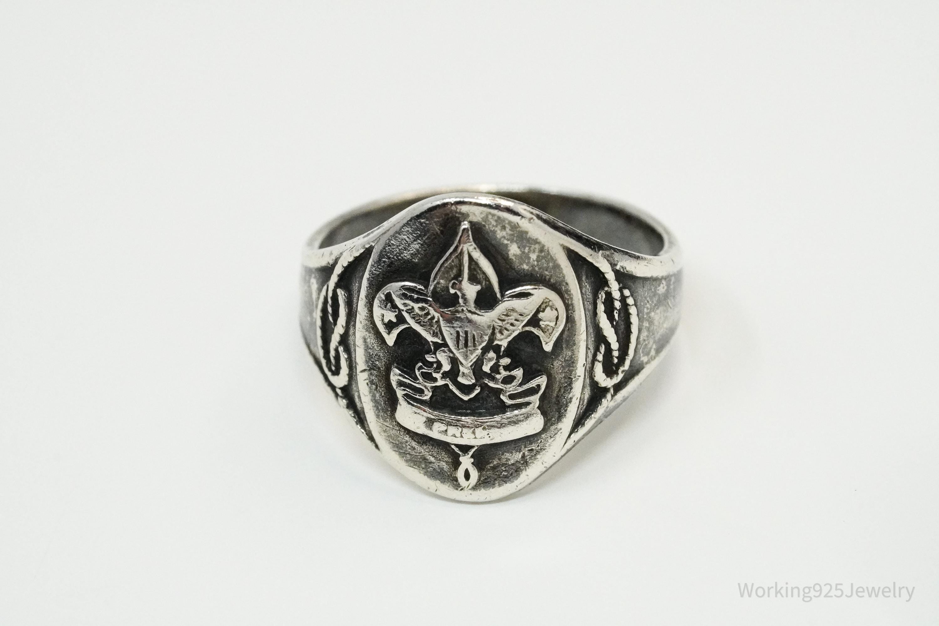 Vintage "Be Prepared" Eagle Scout Sterling Silver Ring - Size 5.75