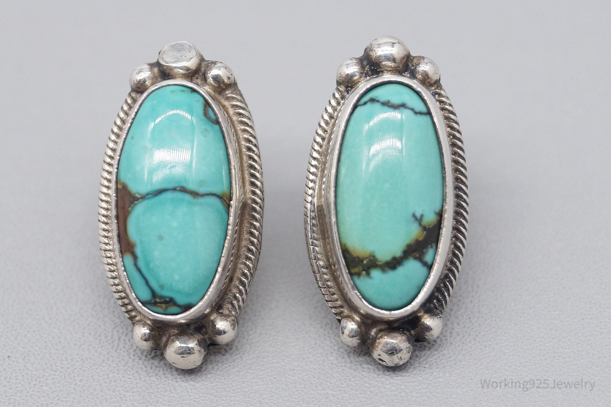 Vintage Native American JW Turquoise Sterling Silver Earrings