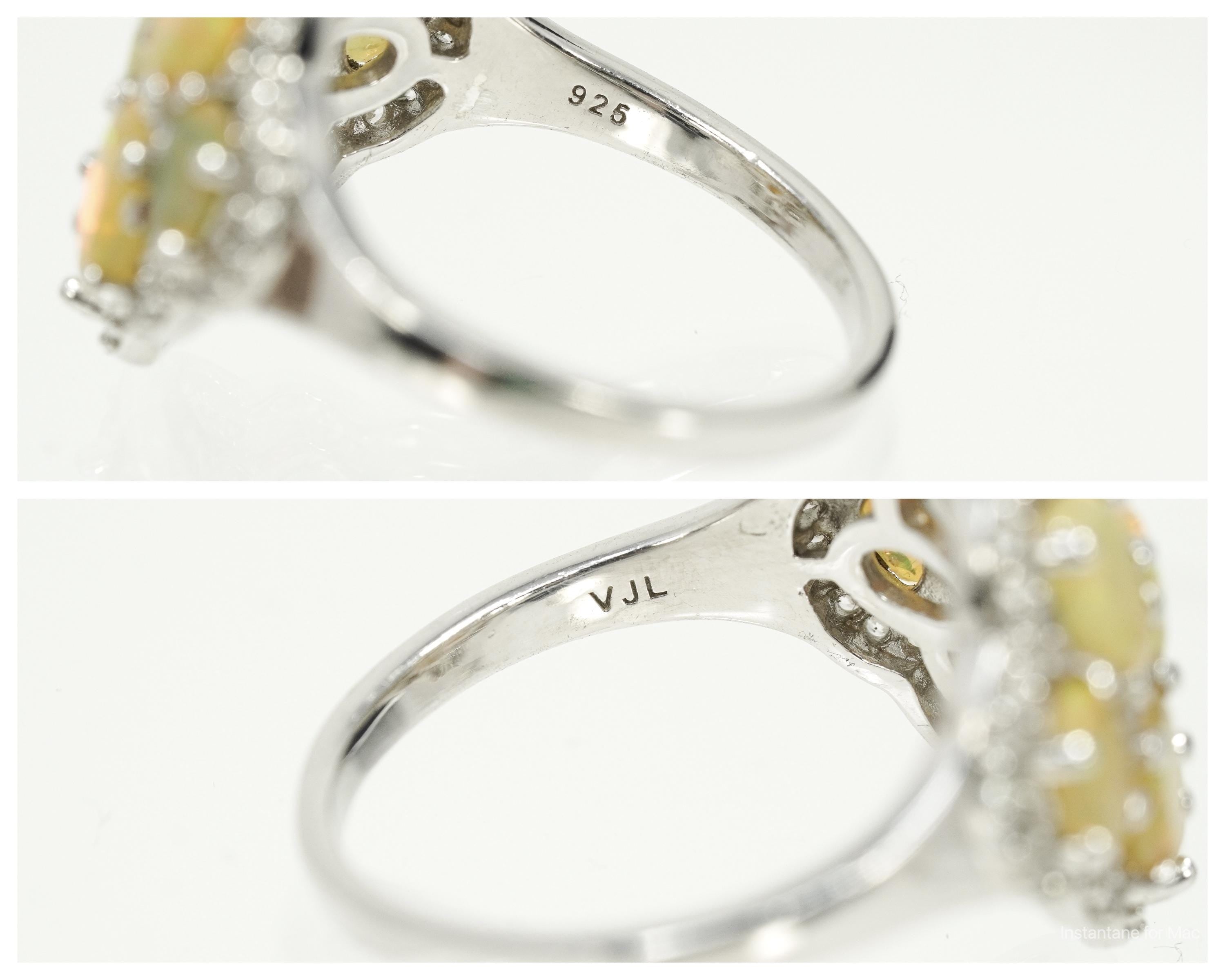 Opal & White Zircon Rhodium Sterling Silver Cocktail Ring Size 11.75