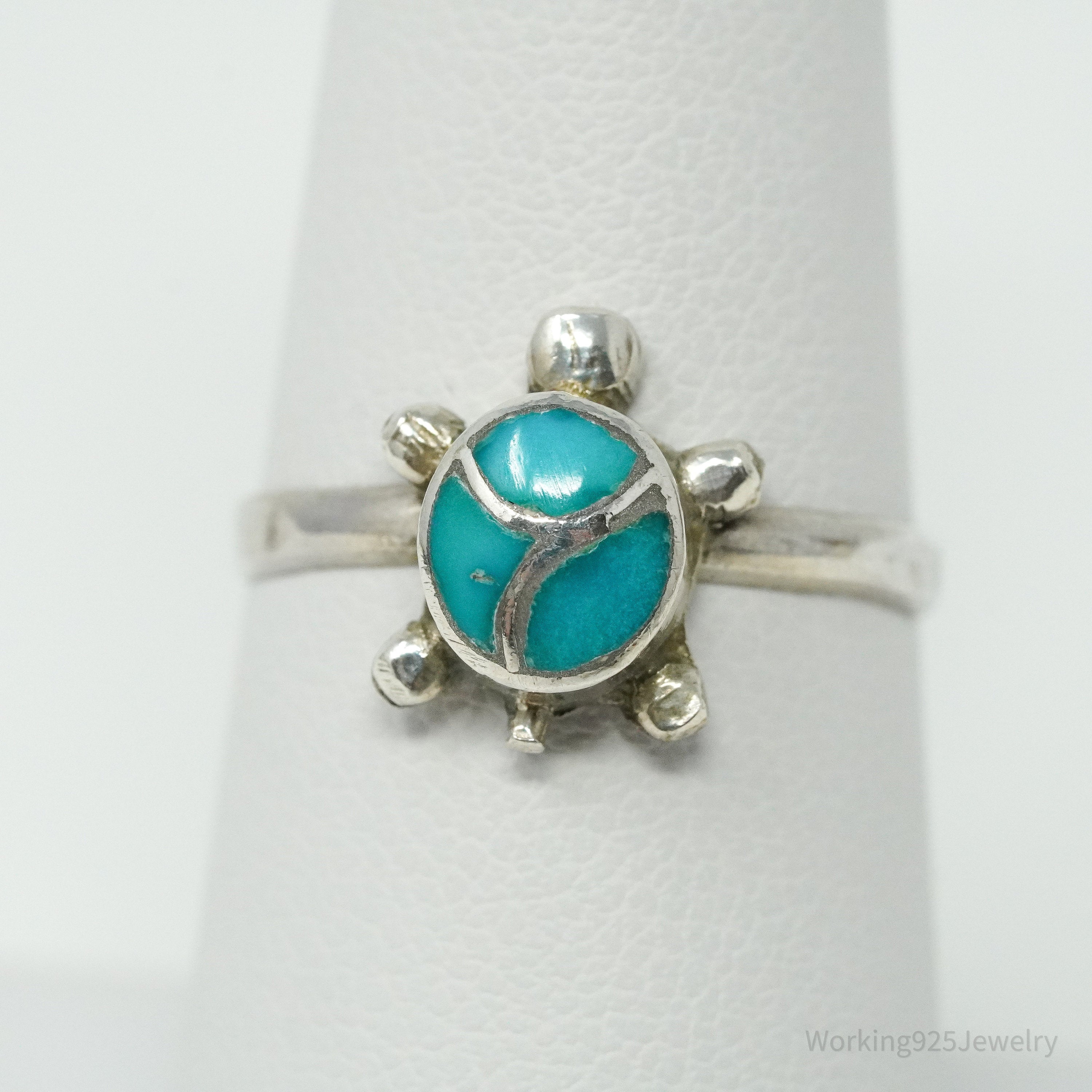 Vintage Native American Turquoise Inlay Turtle Handmade Silver Ring - Size 6.75