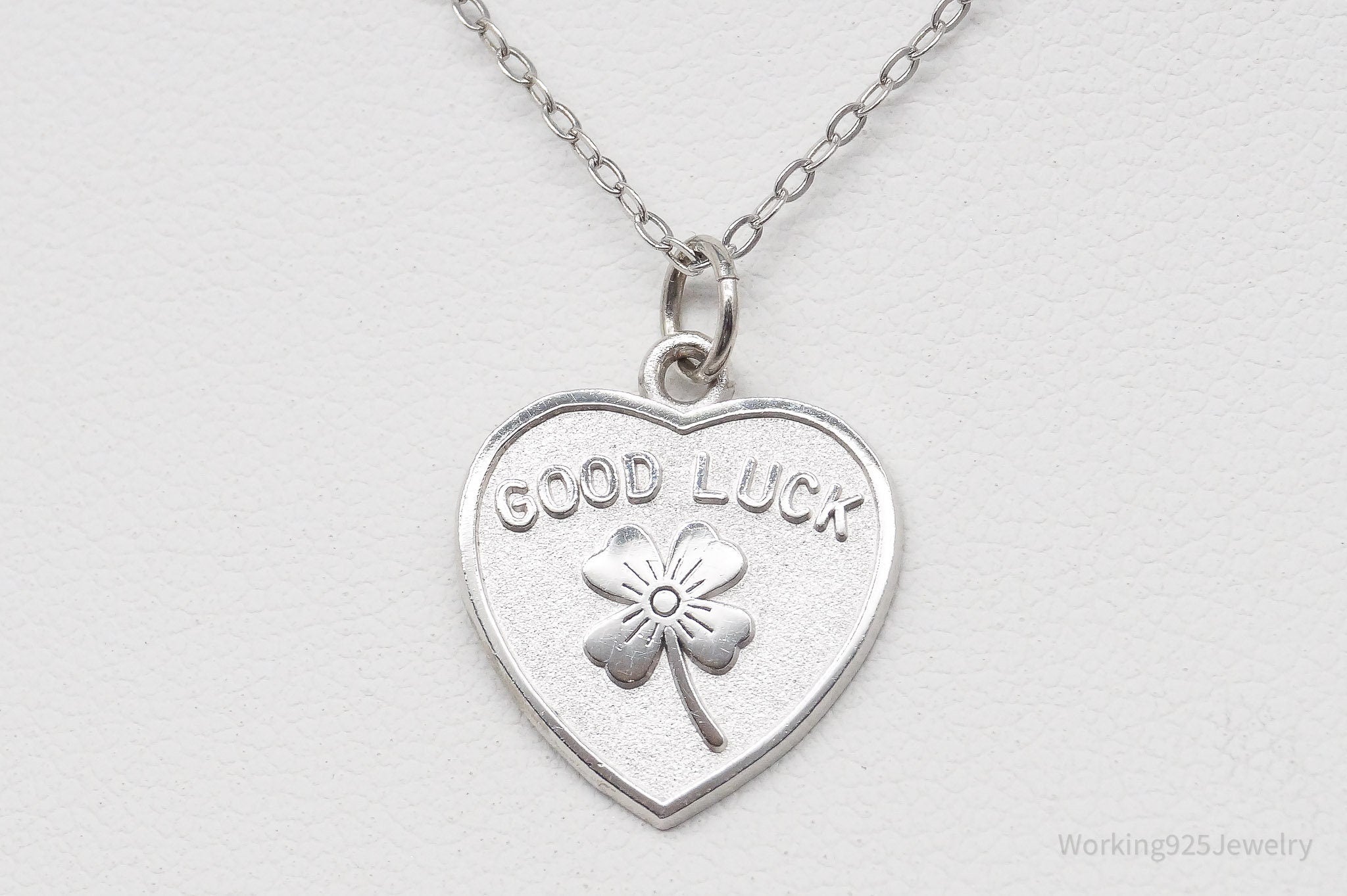 Vintage Good Luck Four Leaf Clover Heart Sterling Silver Necklace - 18"