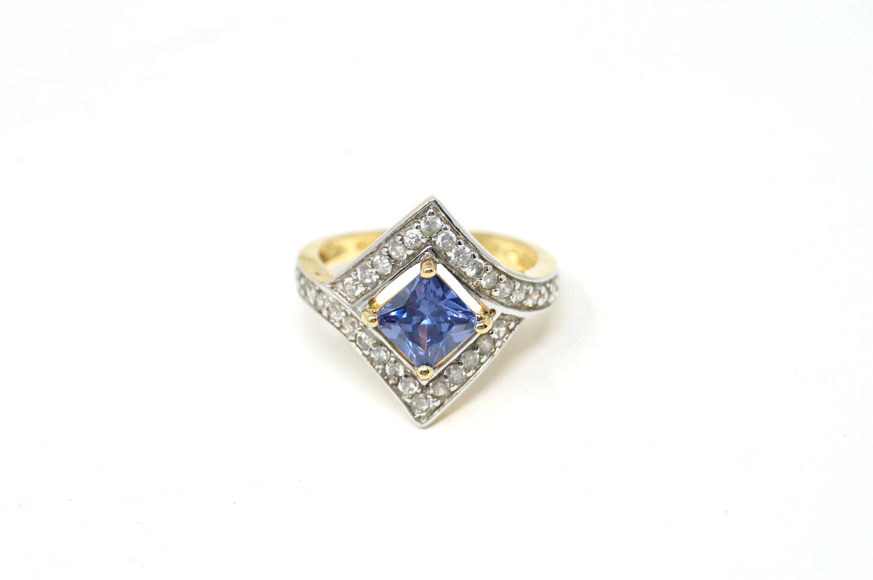 Vintage RP Blue Crystal Gold Wash Statement Sterling Silver Ring - Size 7