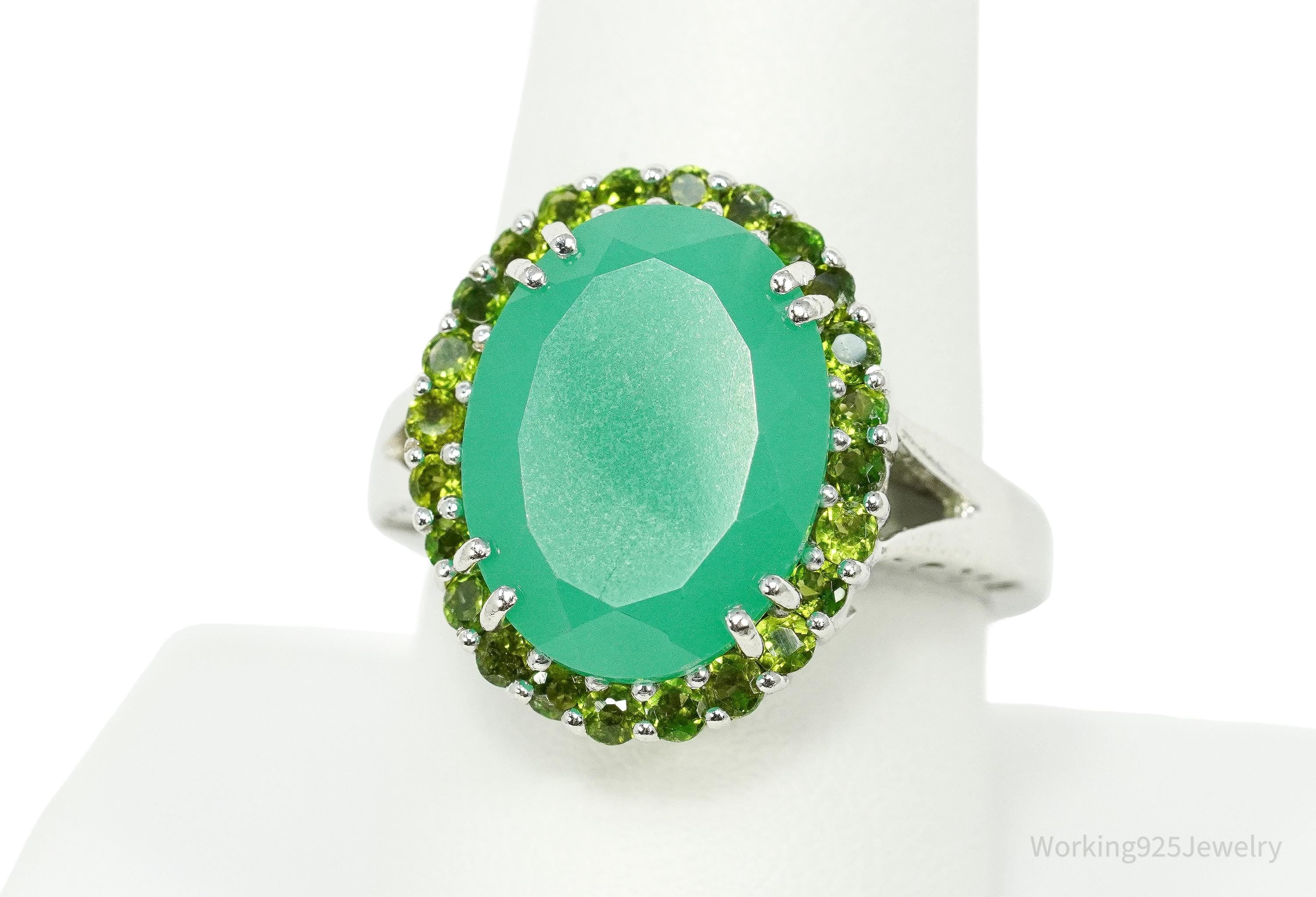 Vintage Green Chrysoprase & Peridot Sterling Silver Ring - Size 9.25