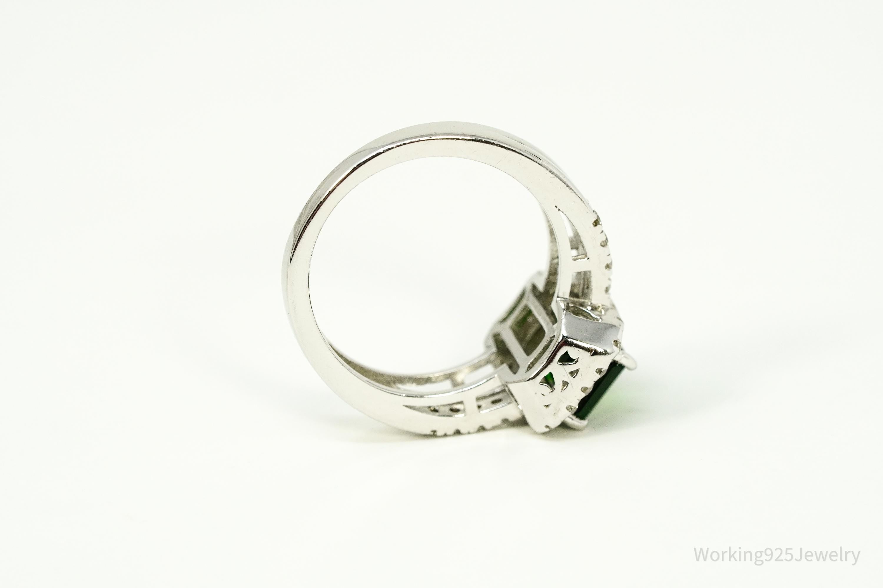 Vintage Emerald & White Topaz Sterling Silver Ring - Size 6