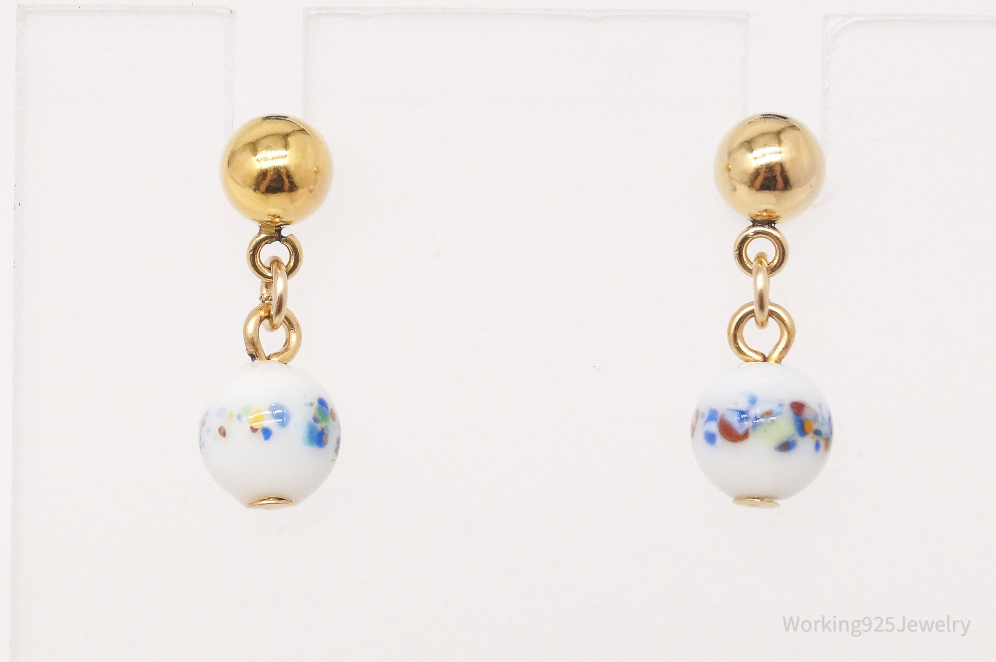 Vintage Porcelain Dangle Gold Plated Earrings