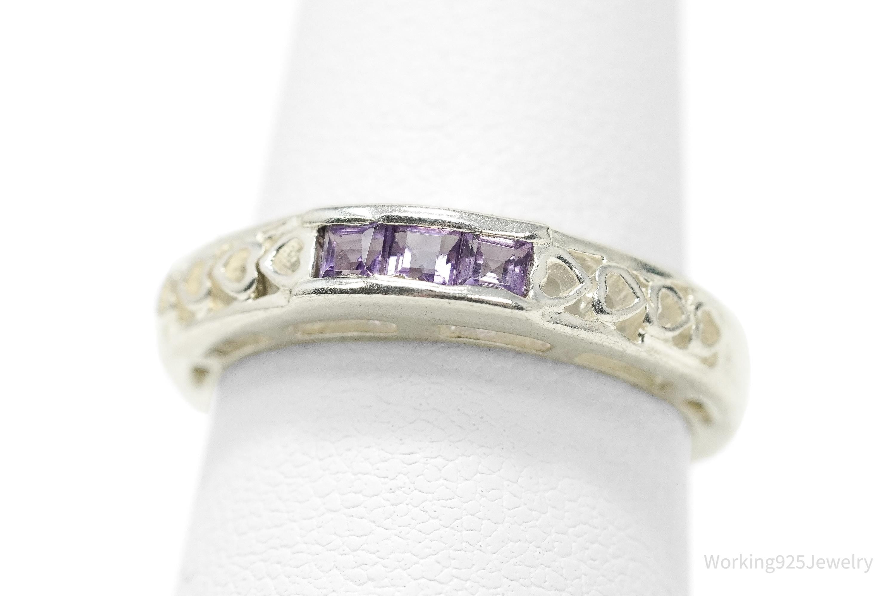 Vintage Purple Amethyst Hearts Pattern Sterling Silver Ring - Size 7
