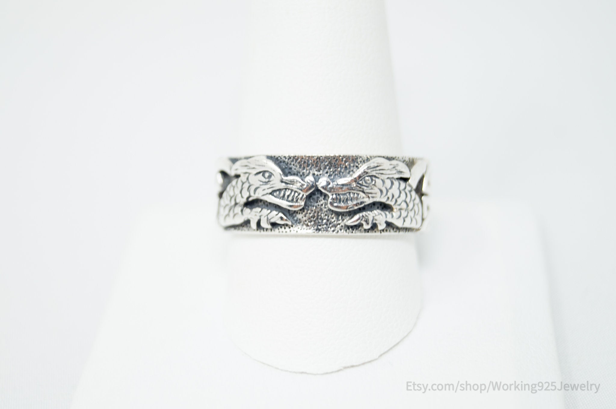 Vintage Etched Double Dragons Sterling Silver Band Ring Sz 11