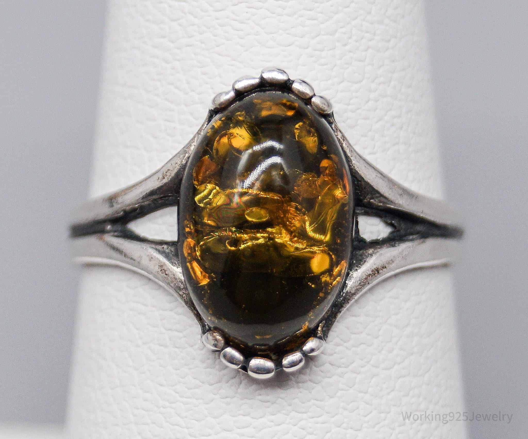 Vintage Amber Sterling Silver Ring - Size 7