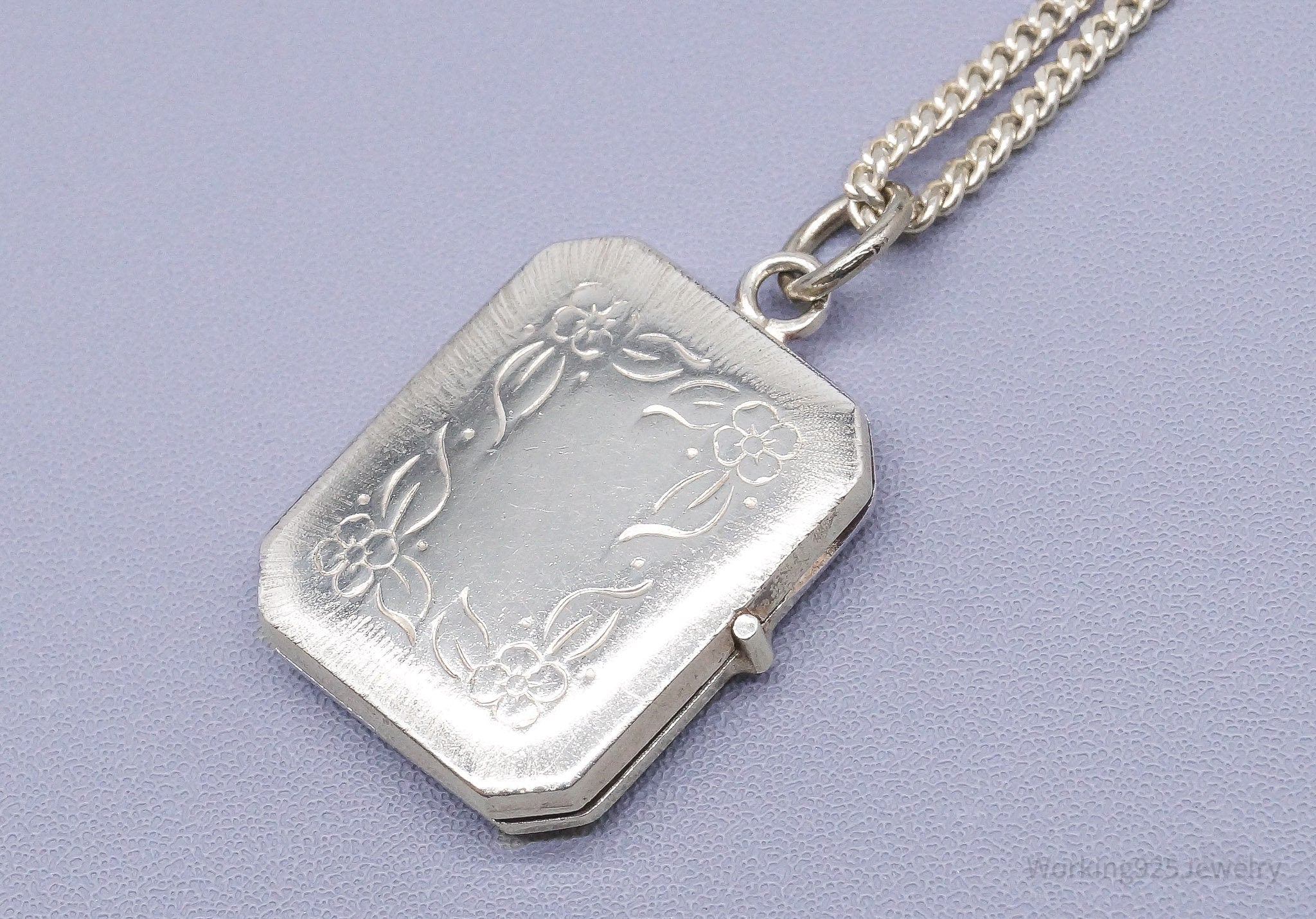 Antique Floral Etched Locket Sterling Silver Necklace 24"