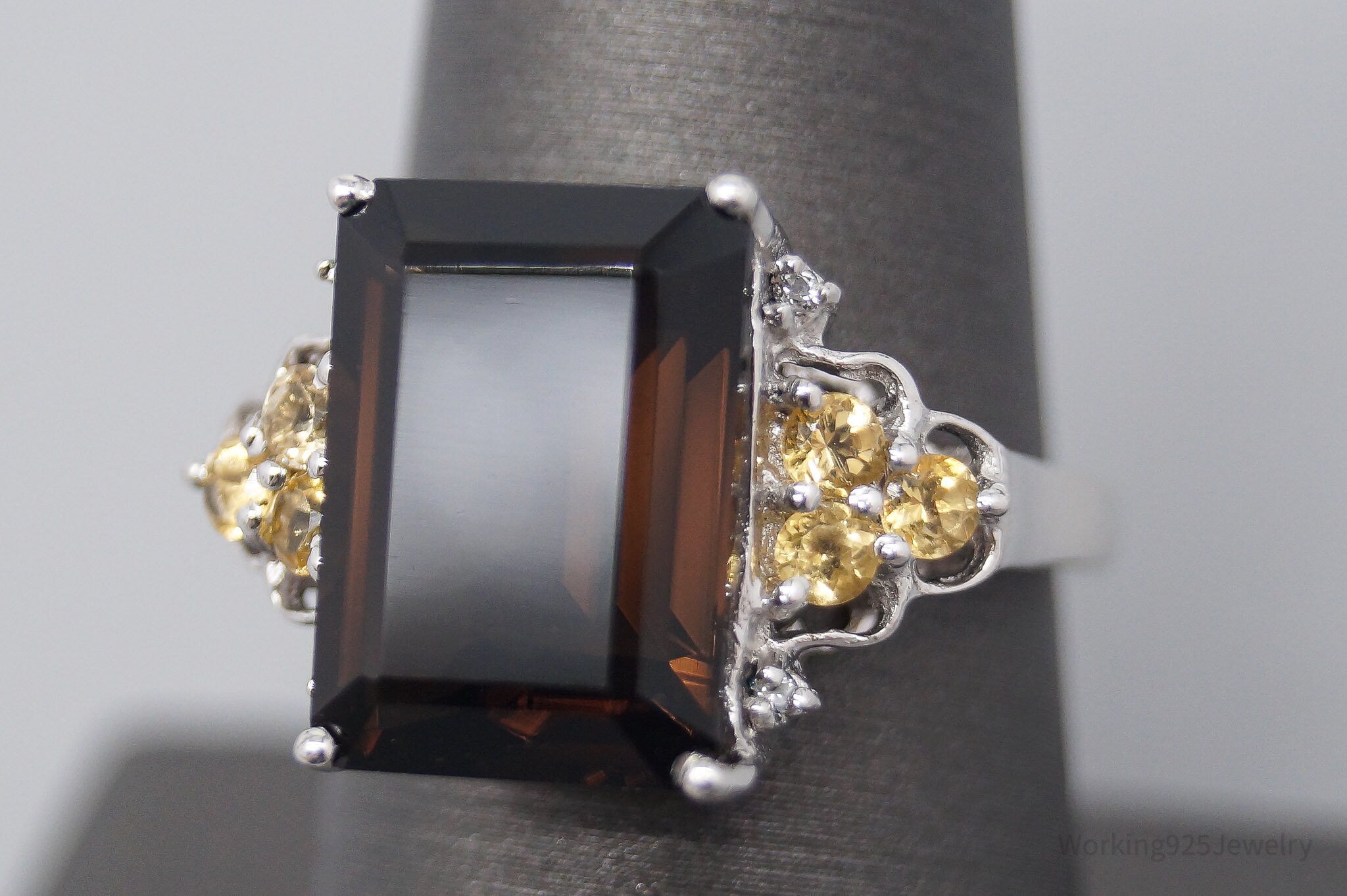 Vintage Large Smoky Topaz Citrine White Topaz Sterling Silver Ring - Size 8