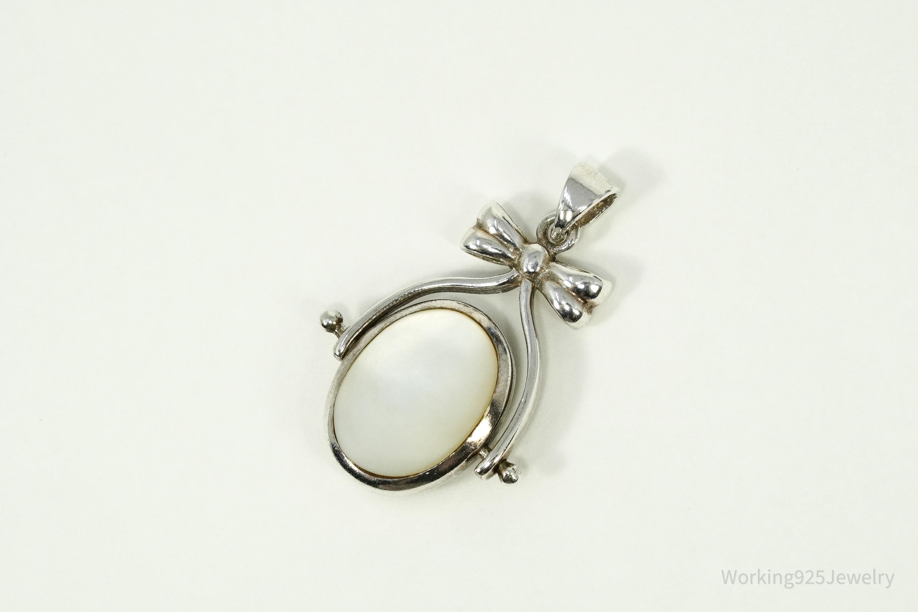 Vintage Black Onyx & Mother Of Pearl Spinning Fob Sterling Silver Pendant