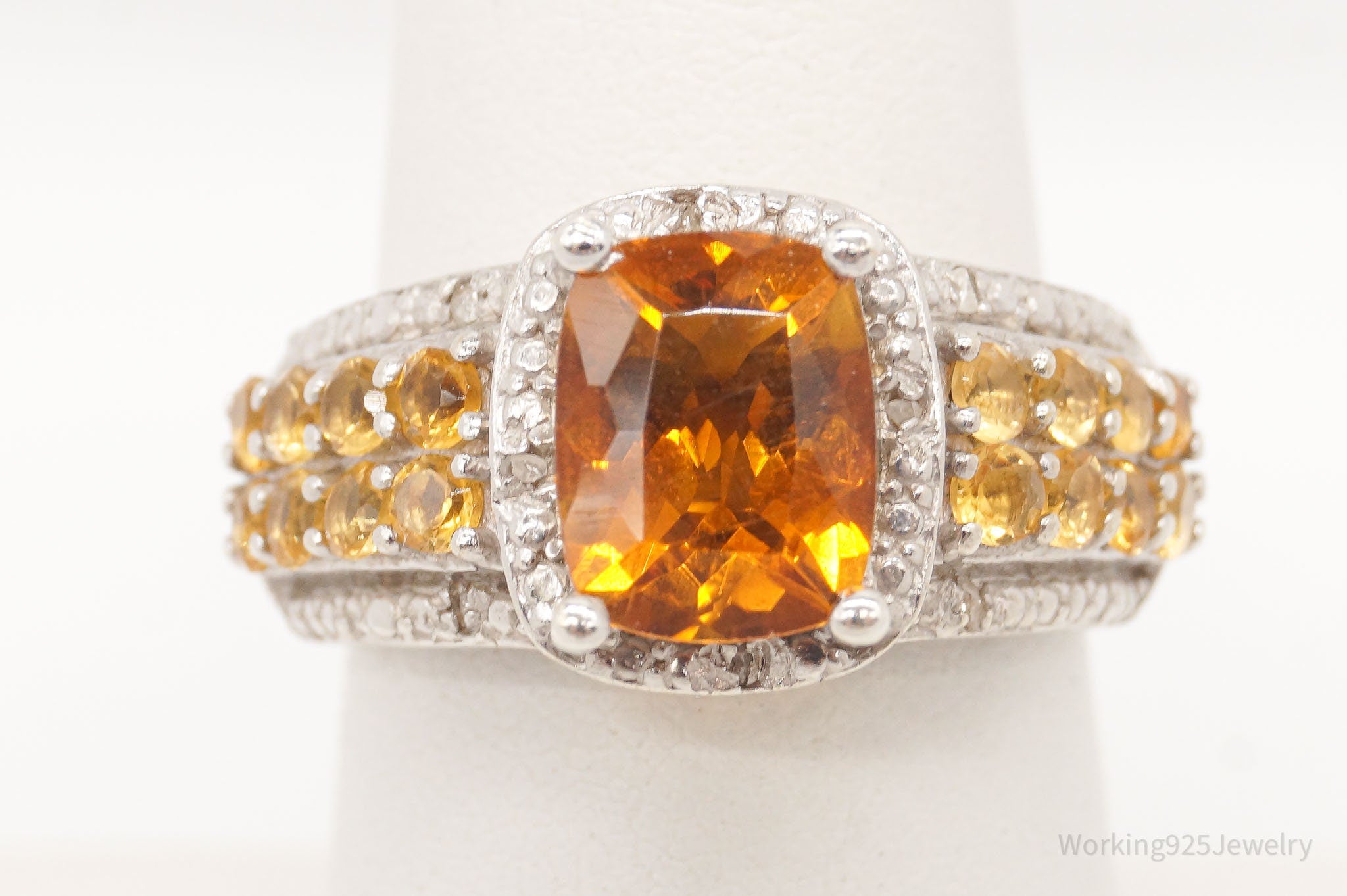 Vintage Citrine Five Diamonds Sterling Silver Ring - Size 6.75