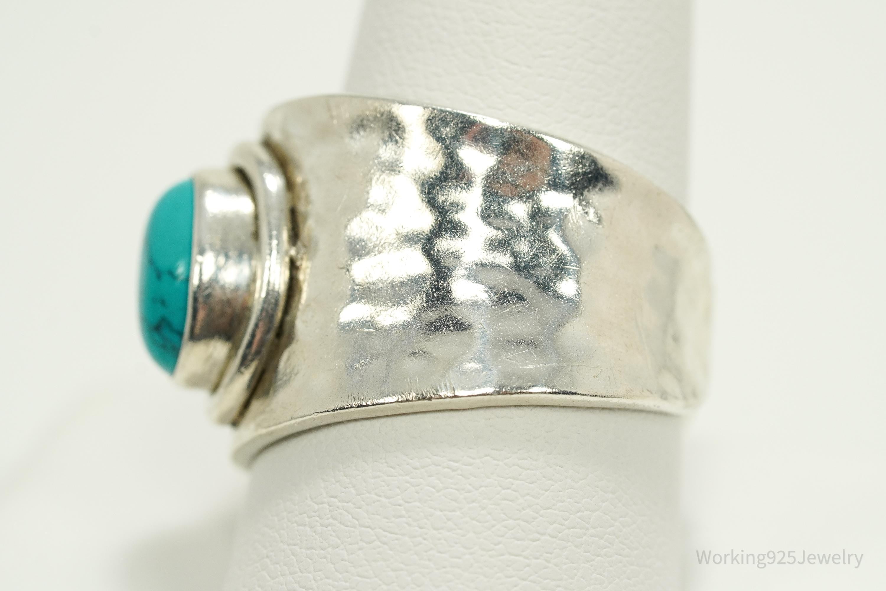 Vintage Turquoise Hammered Style Silver Ring - Size 12