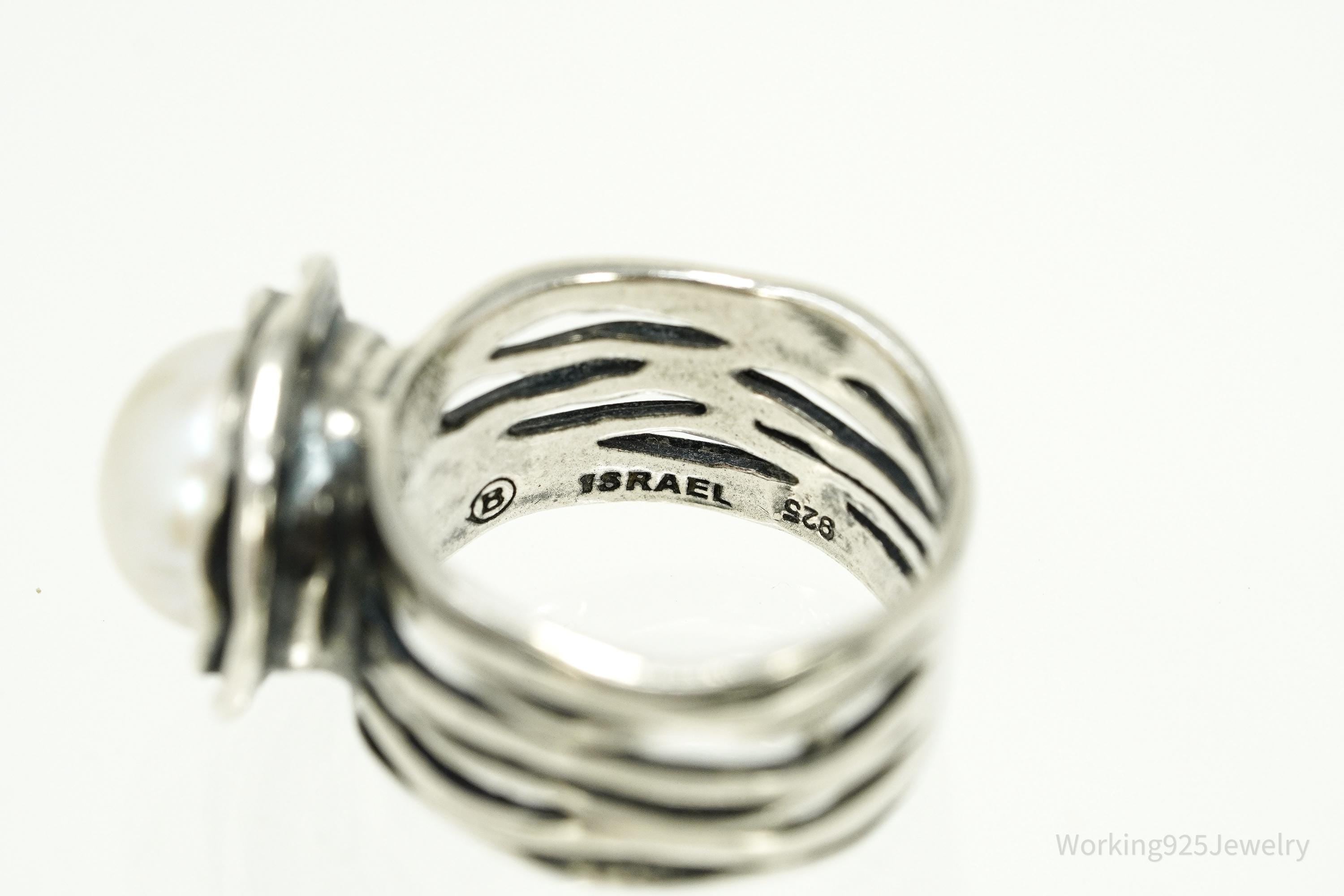 Vintage Israel Large White Pearl Sterling Silver Ring - Size 7