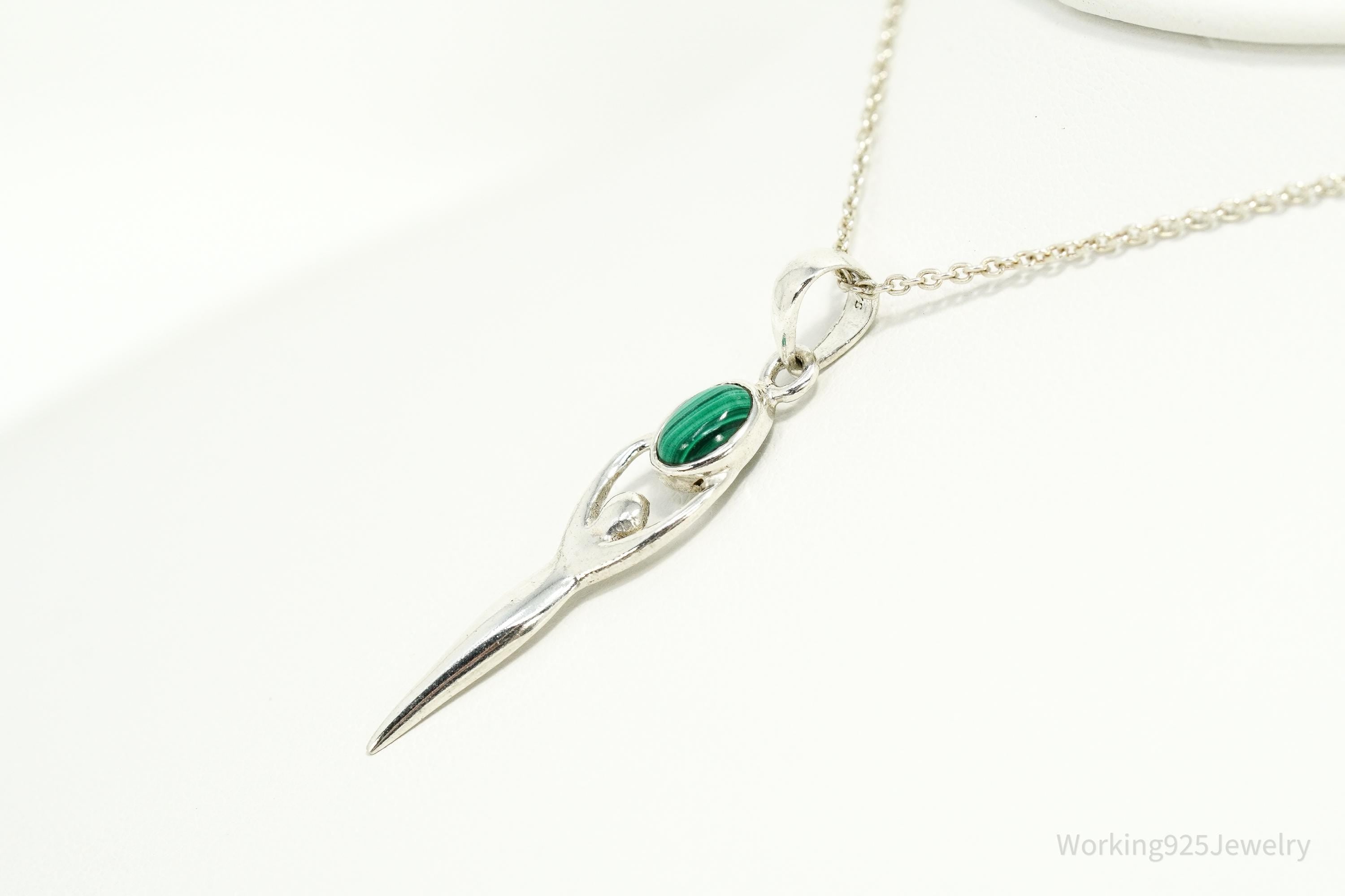 Vintage Malachite Goddess Sterling Silver Necklace 16"