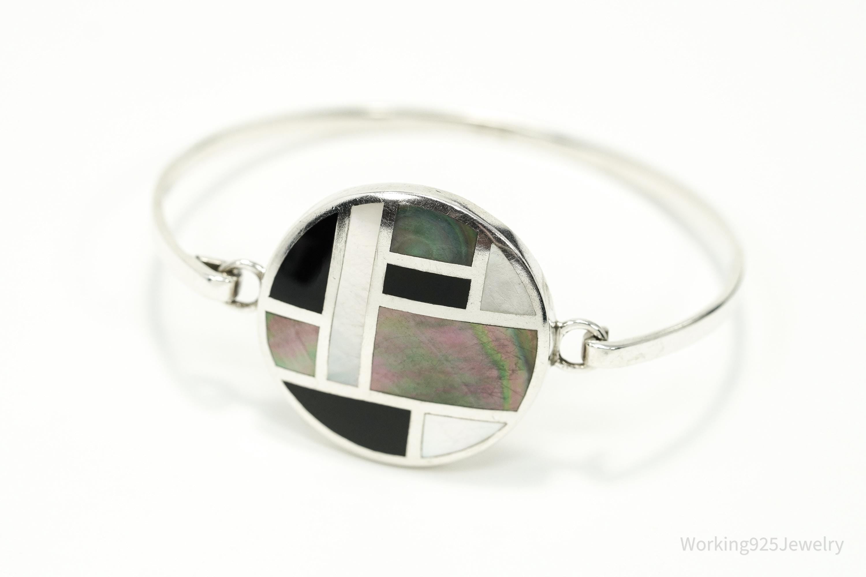 Vintage Black Onyx Mother Of Pearl Paua Shell Sterling Silver Bracelet 6.75"