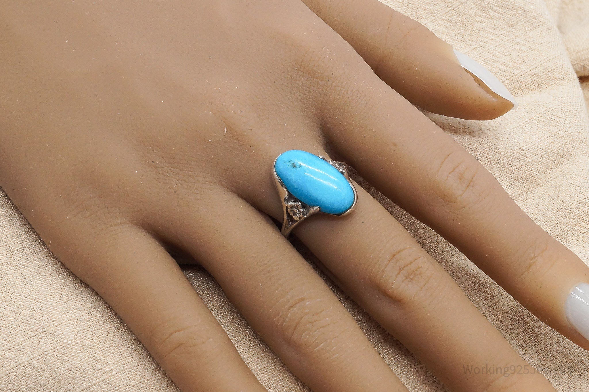 Vintage Native American Turquoise & Flowers Sterling Silver Ring - Size 8.75