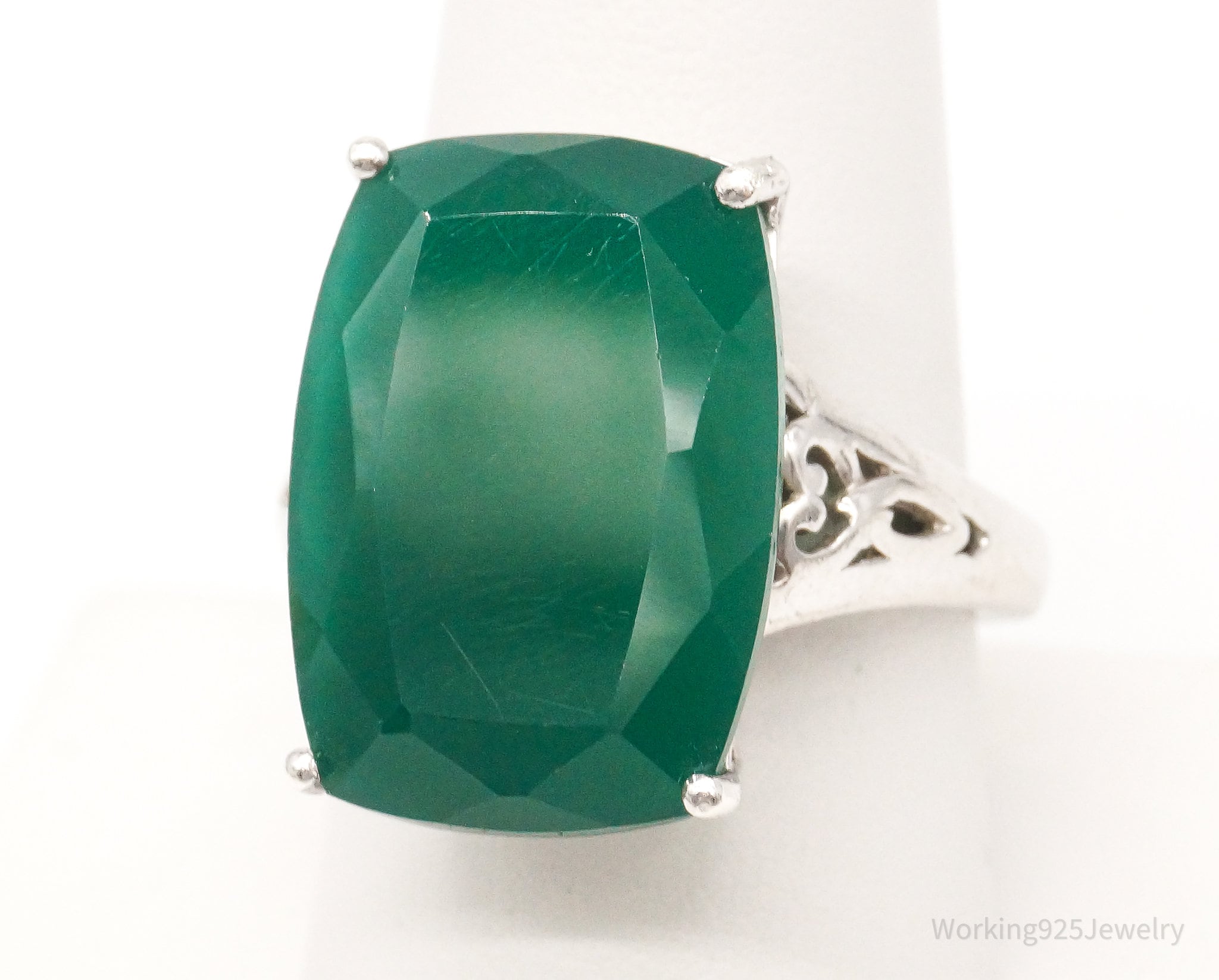 Vintage Large Green Chalcedony Sterling Ring - Size 8.5