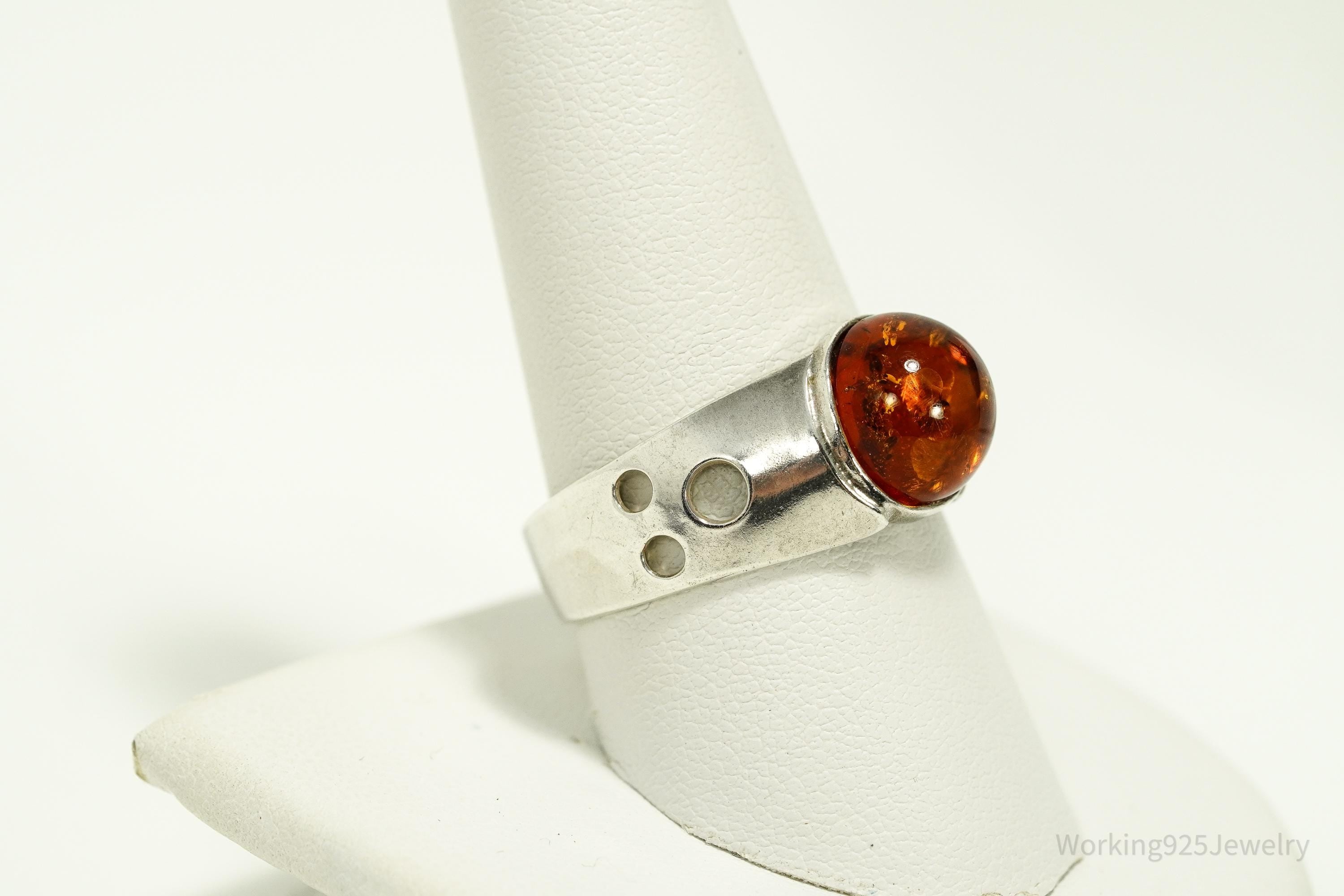 Vintage Amber Modernist Style Sterling Silver Ring - Size 10
