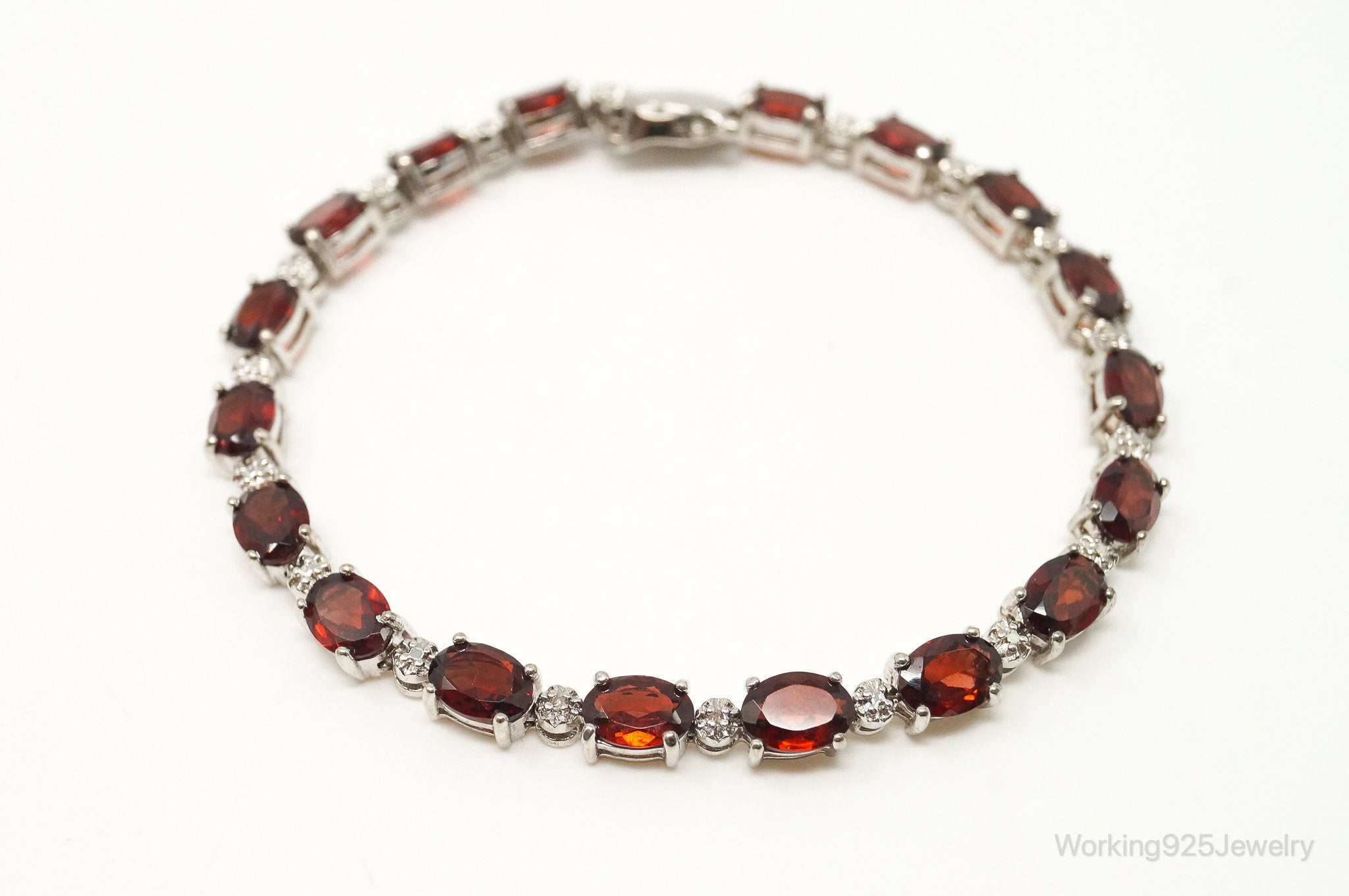 Vintage Red Garnet 2 Diamond Sterling Silver Bracelet