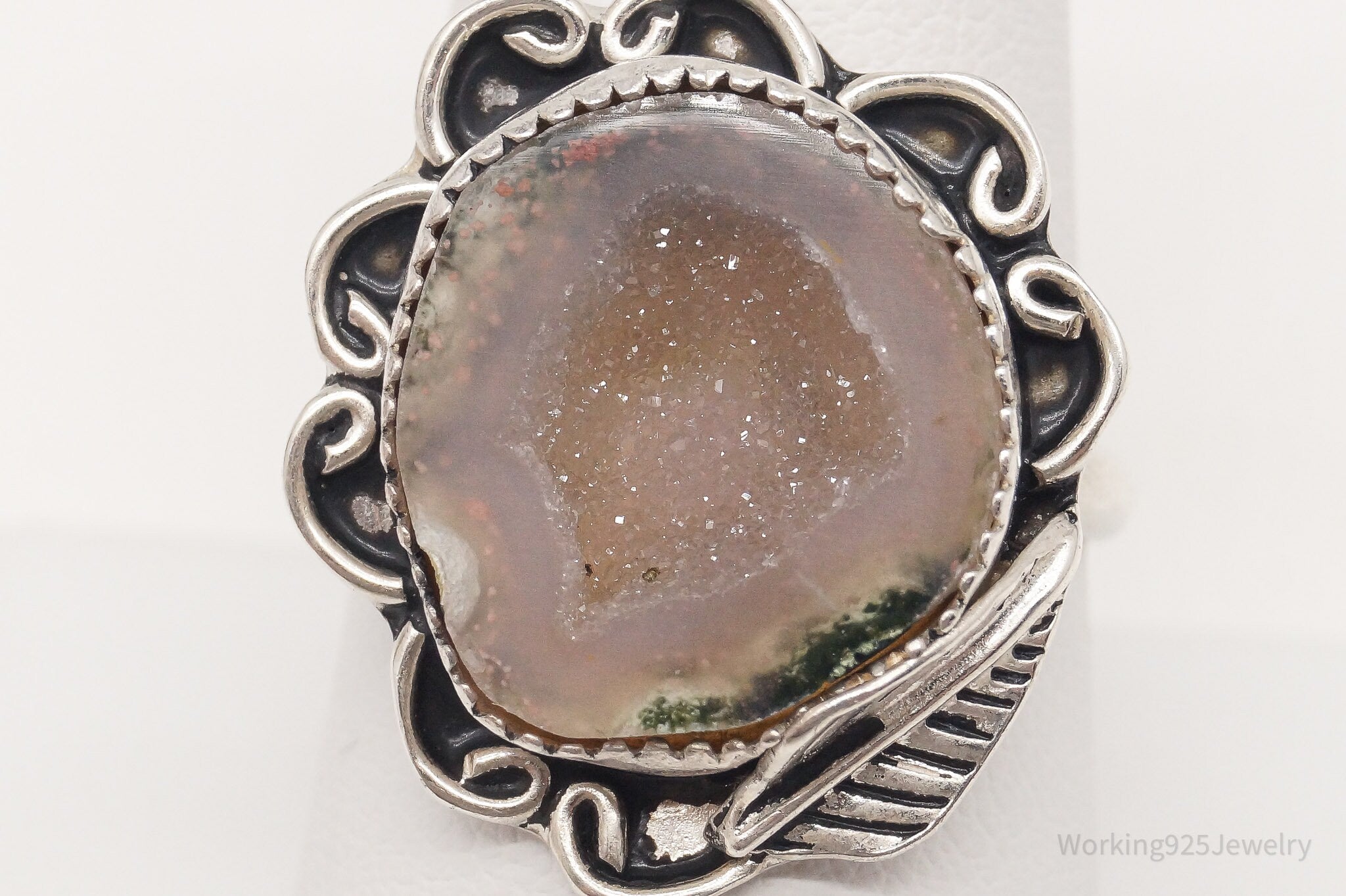 Vintage Druzy Agate Sterling Silver Ring - Size 9.5 Adjustable