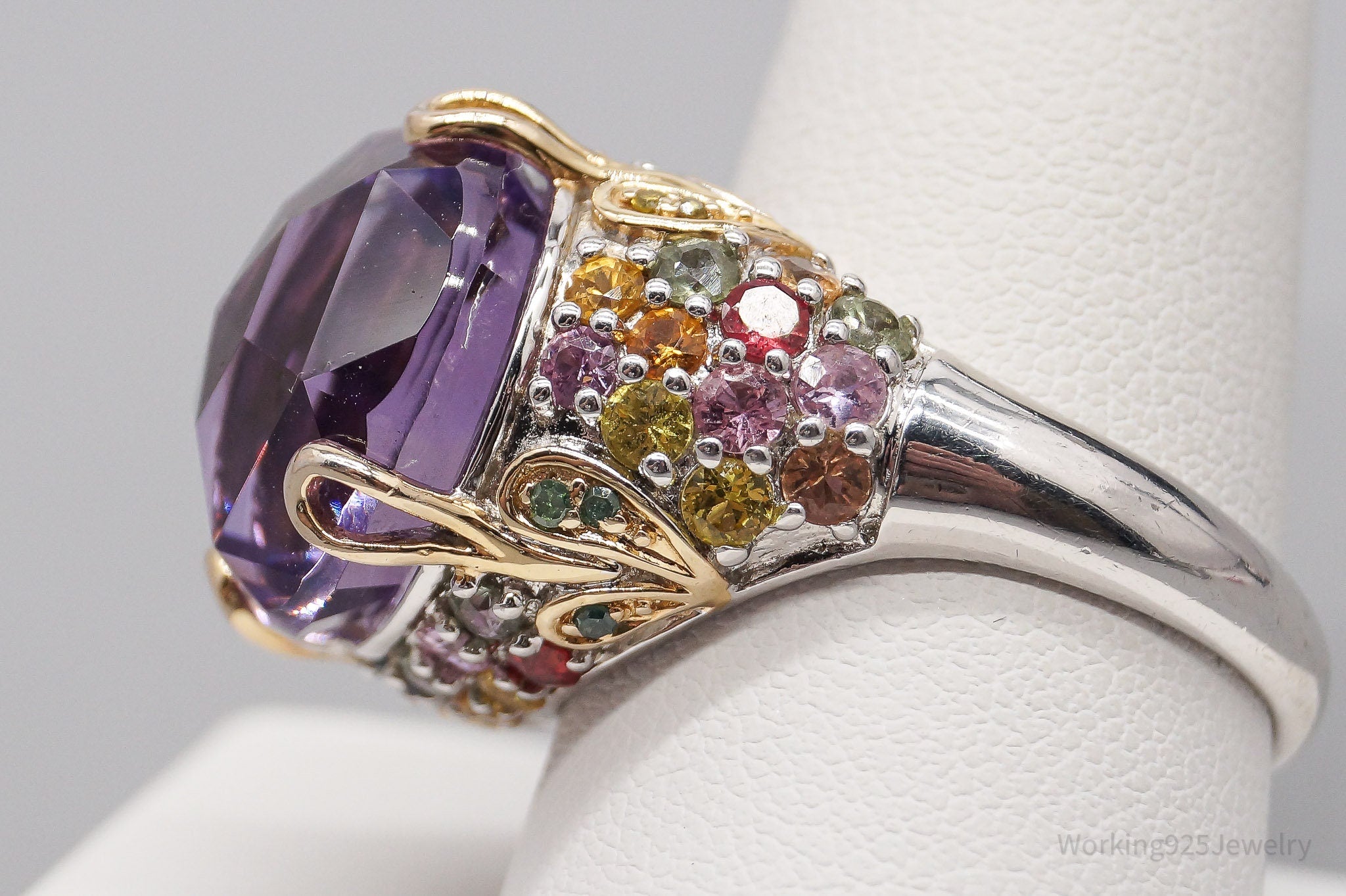 Vintage Large Amethyst Multi Color Sapphire & Diamond Gold Sterling Silver Ring - Size 9.75