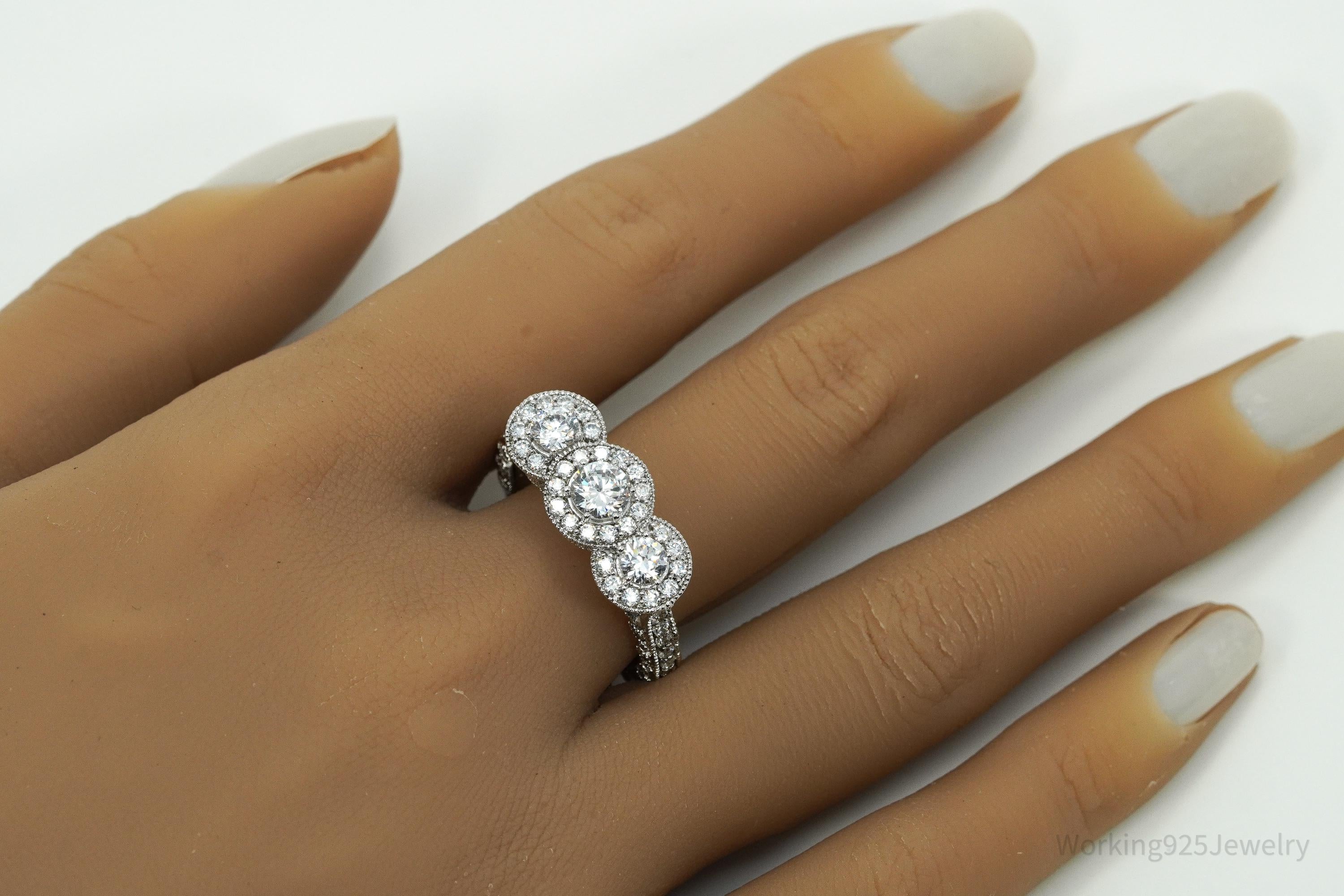 Designer STAUER Three Stone Halo Cubic Zirconia Sterling Silver Ring - Size 10