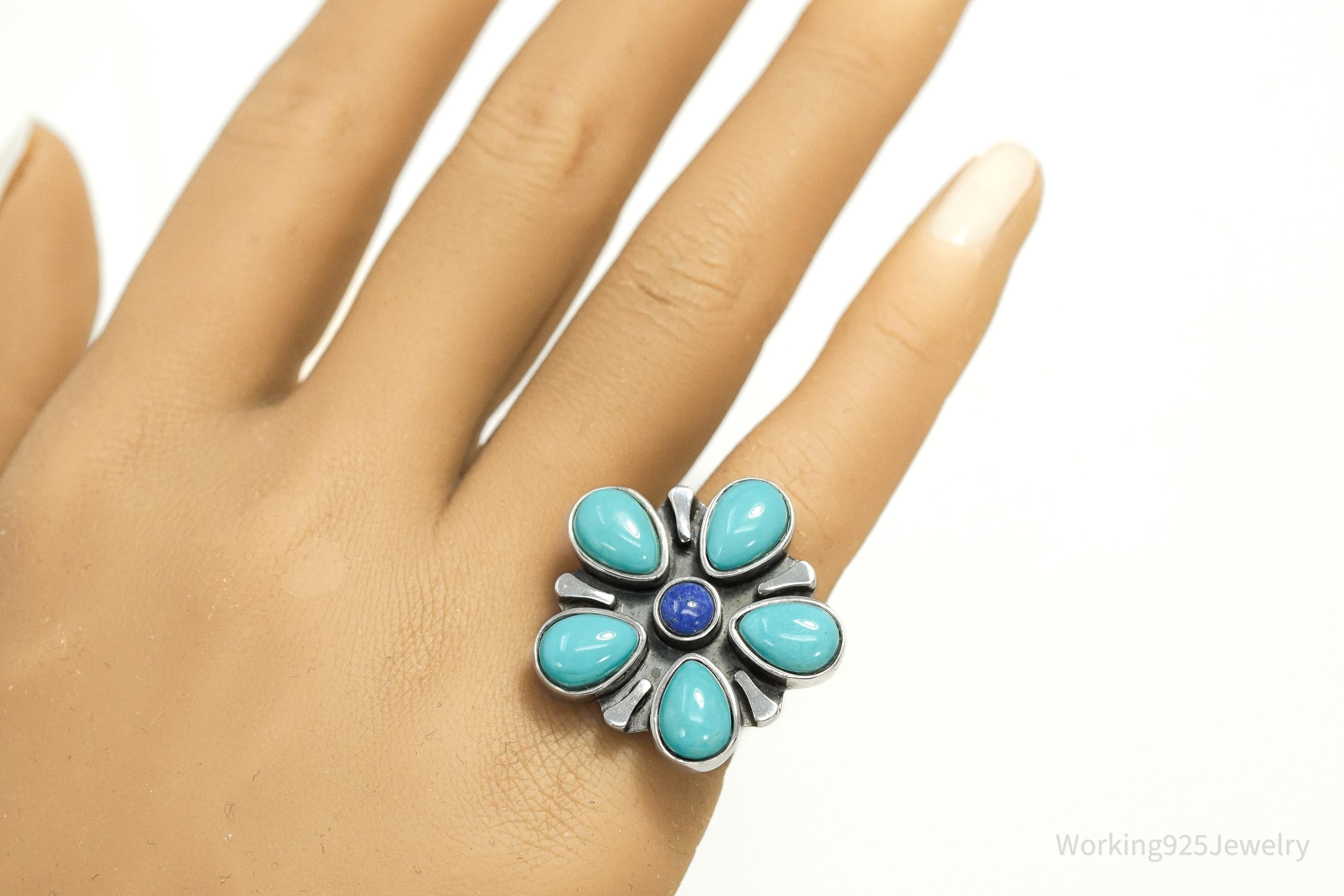 Vintage Desert Rose Turquoise & Lapis Lazuli Flower Sterling Silver Ring Size 6