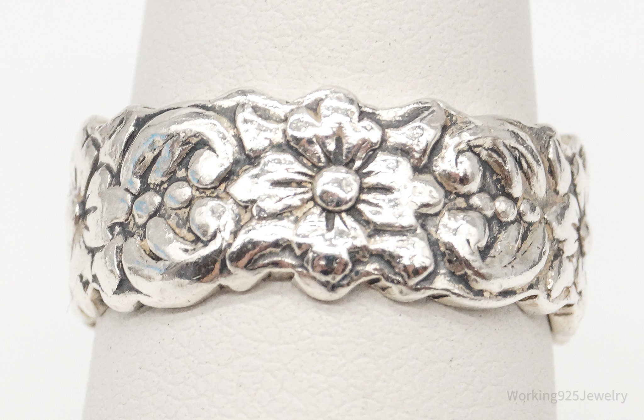 Vintage Mexico Flowers Sterling Silver Band Ring - Size 6.5