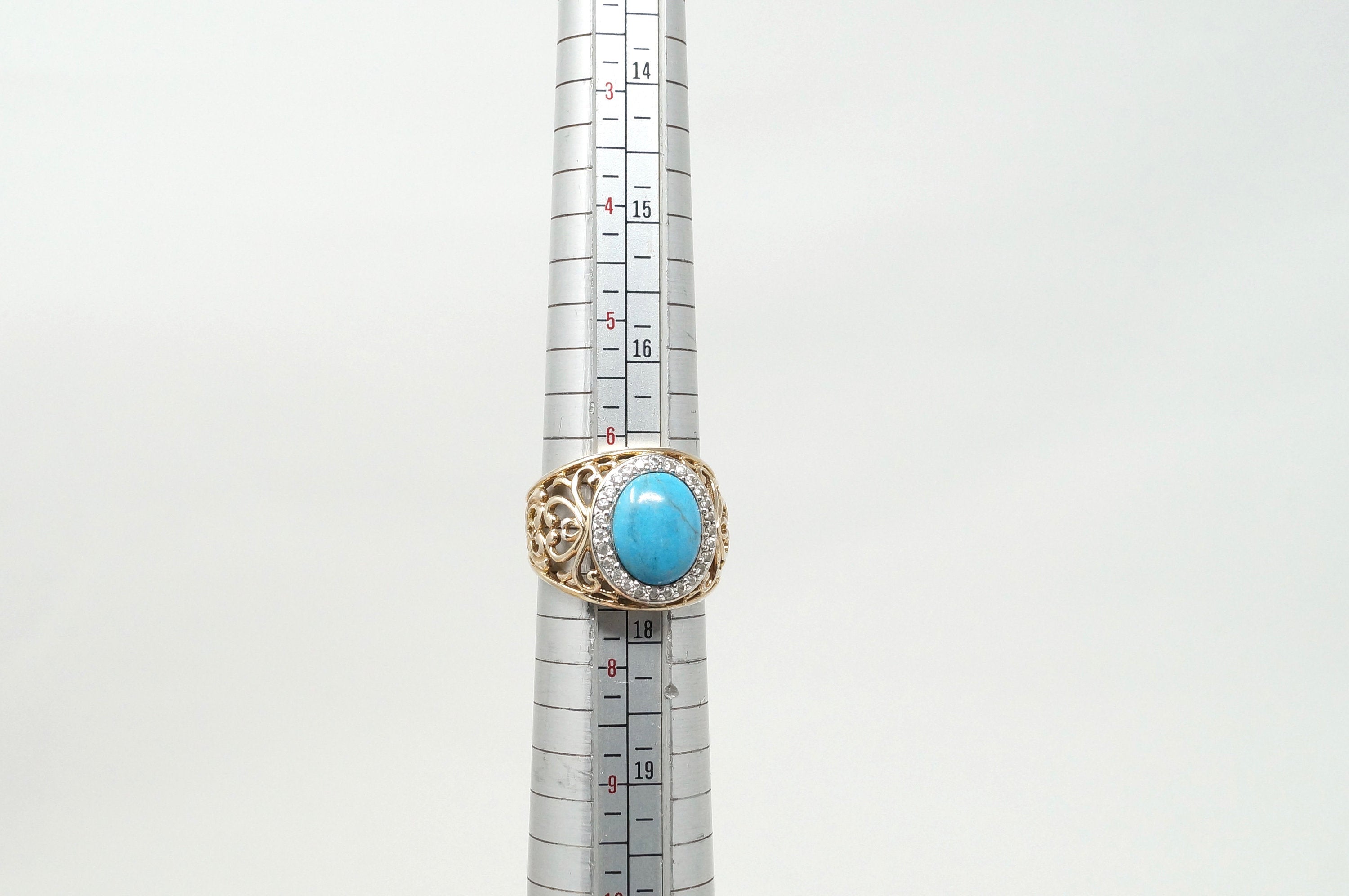 Vintage Large Turquoise Gold Vermeil Heart Swirl CZ Sterling Silver Ring Sz 7.5