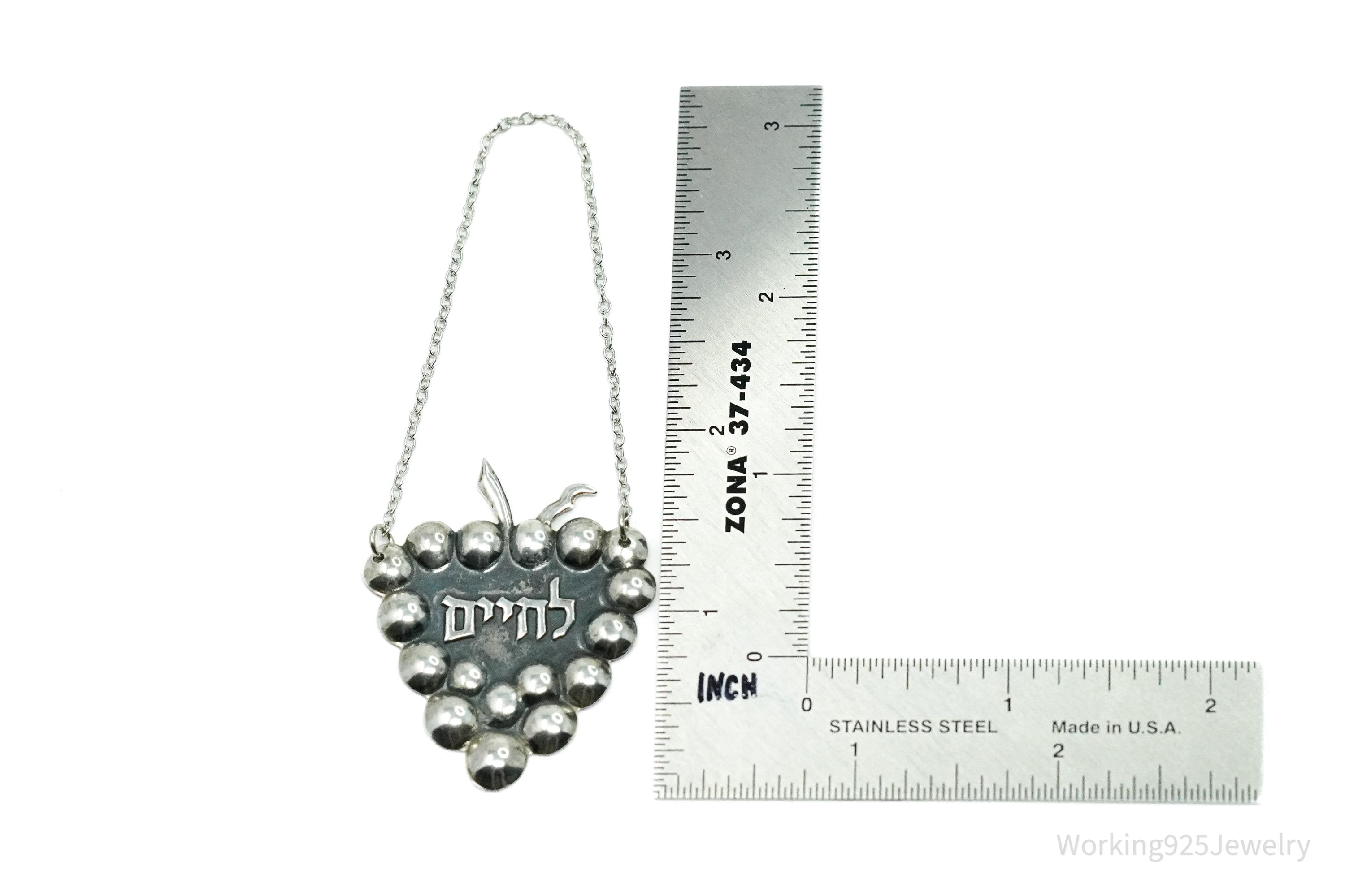 Vintage L'Chaim "To Life" Sterling Silver Wine Decanter Liquor Bottle Tag Label