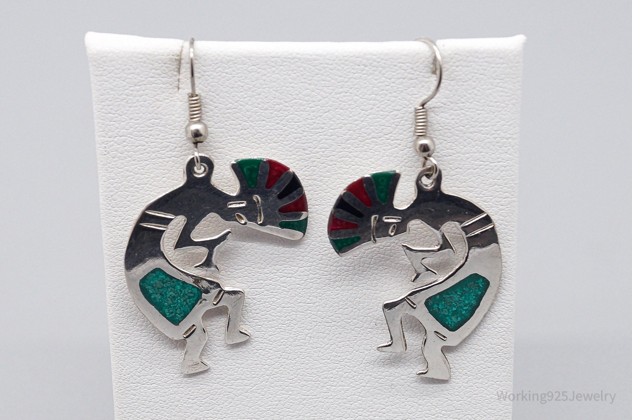 Large Vintage Native Dancing Kokopelli Inlay Sterling Silver Earrings