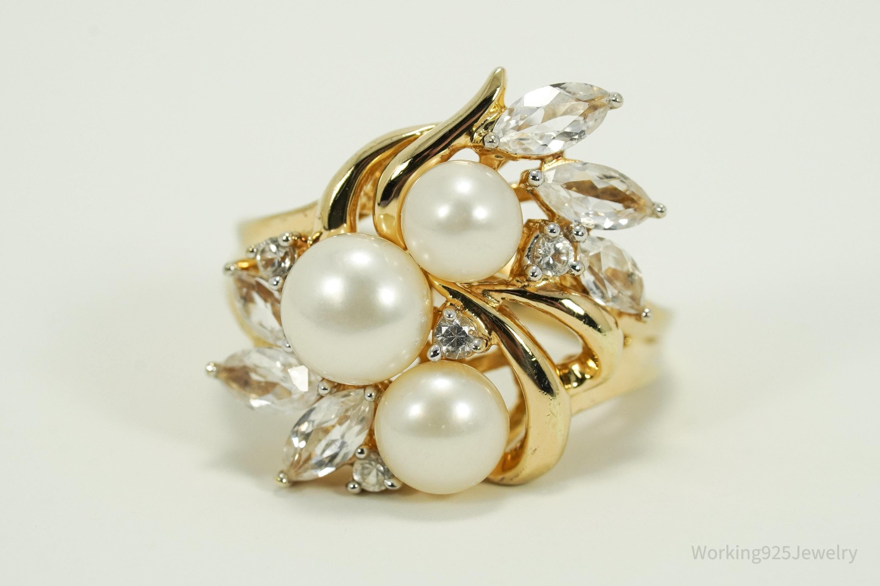 Vintage Pearl & White Sapphire Gold Over Sterling Silver Ring Size 7