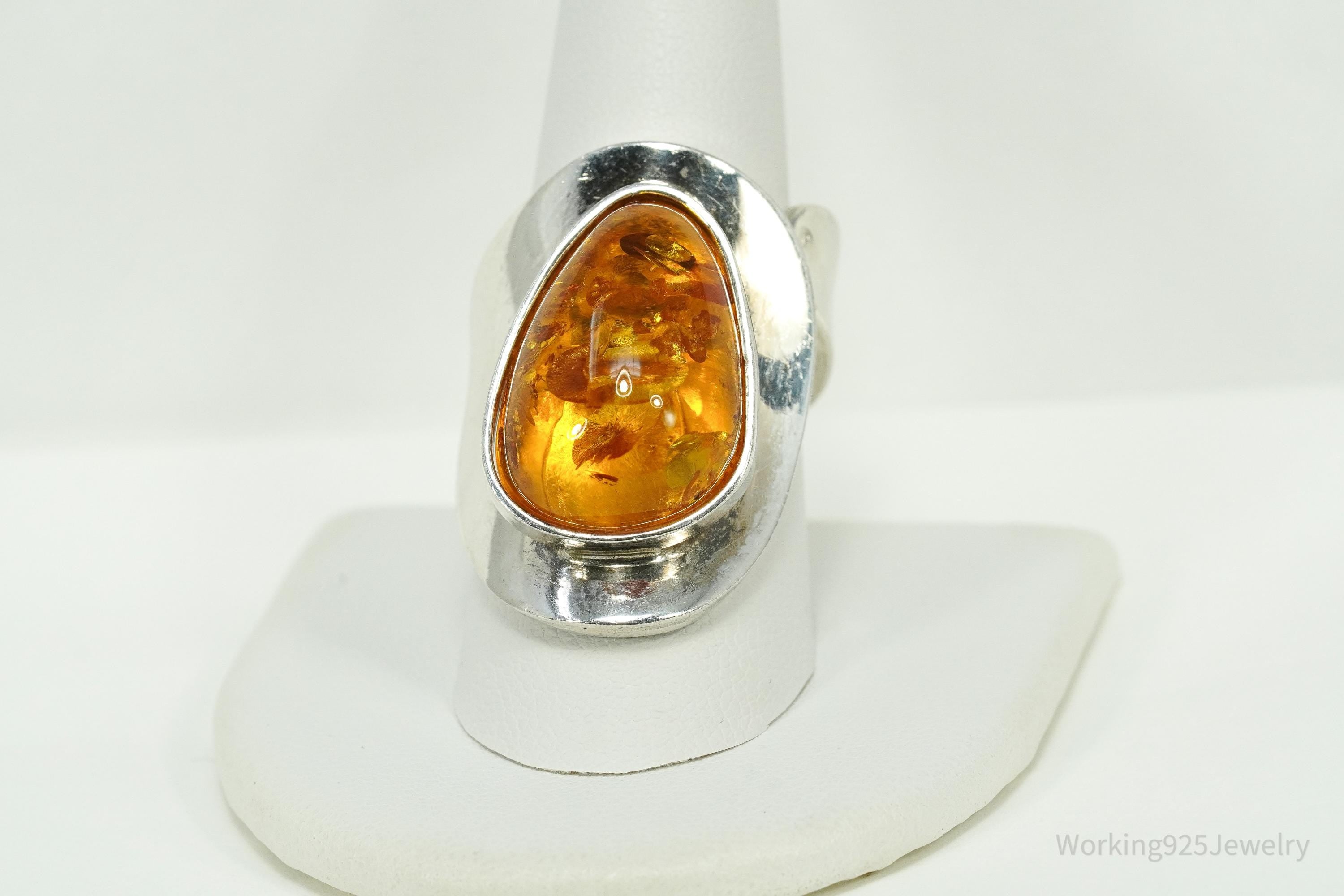 Vintage Large Amber Modernist Style Sterling Silver Ring - Size 9