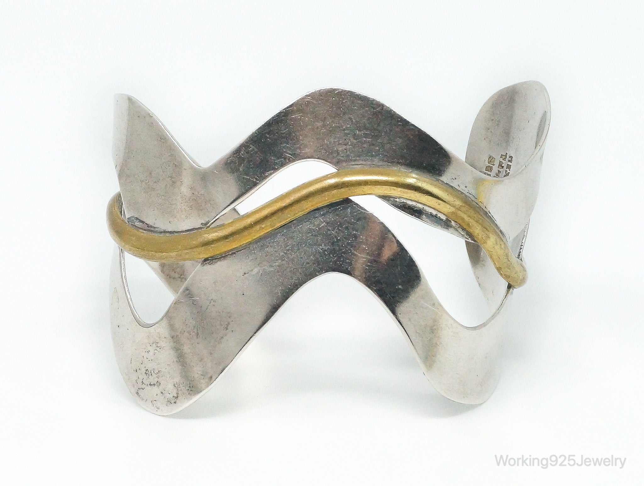 Vintage Mexico Designer Modernist Style Brass Sterling Silver Cuff Bracelet