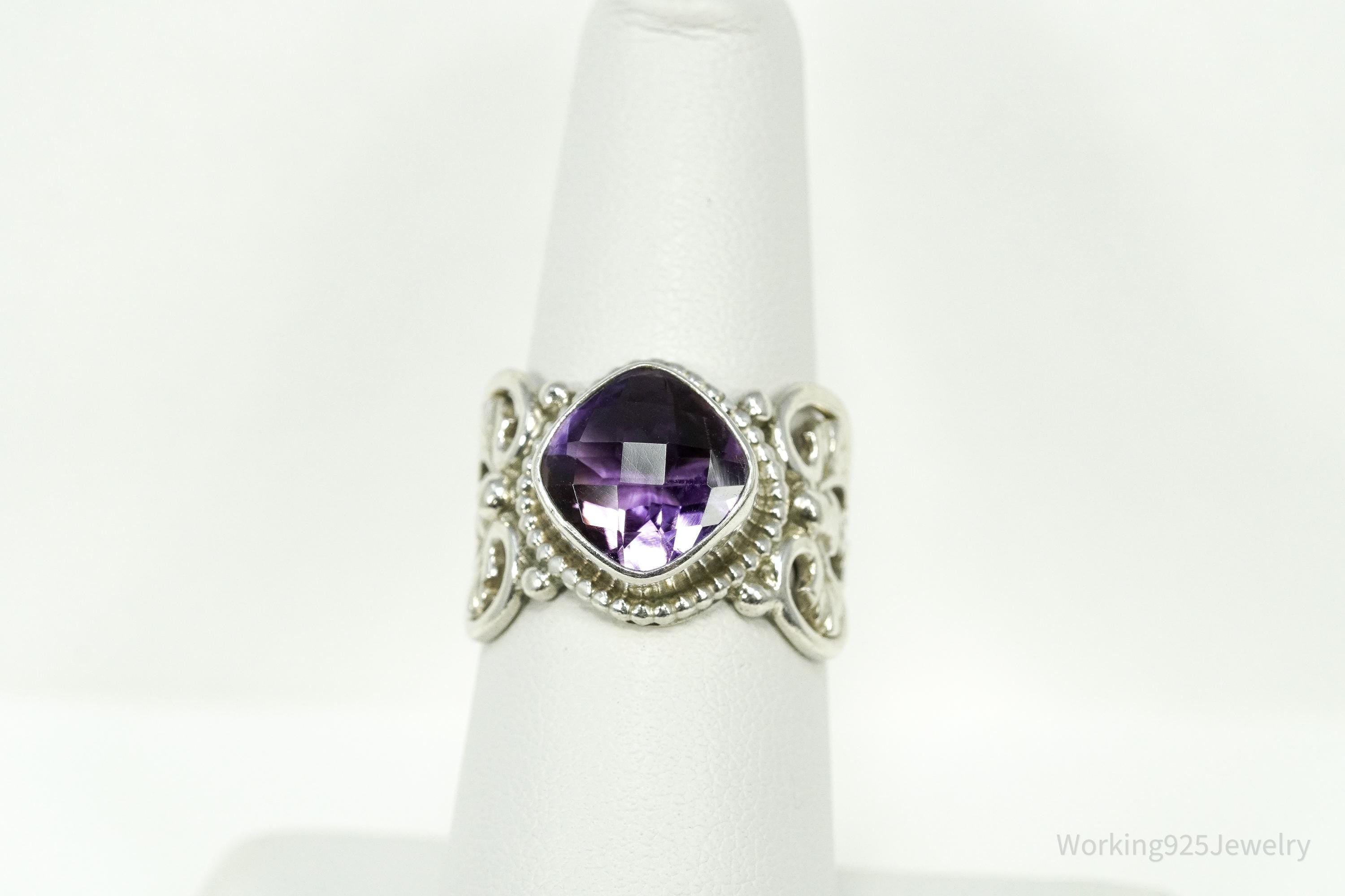Vintage Nepal Purple Amethyst Sterling Silver Ring Size 7