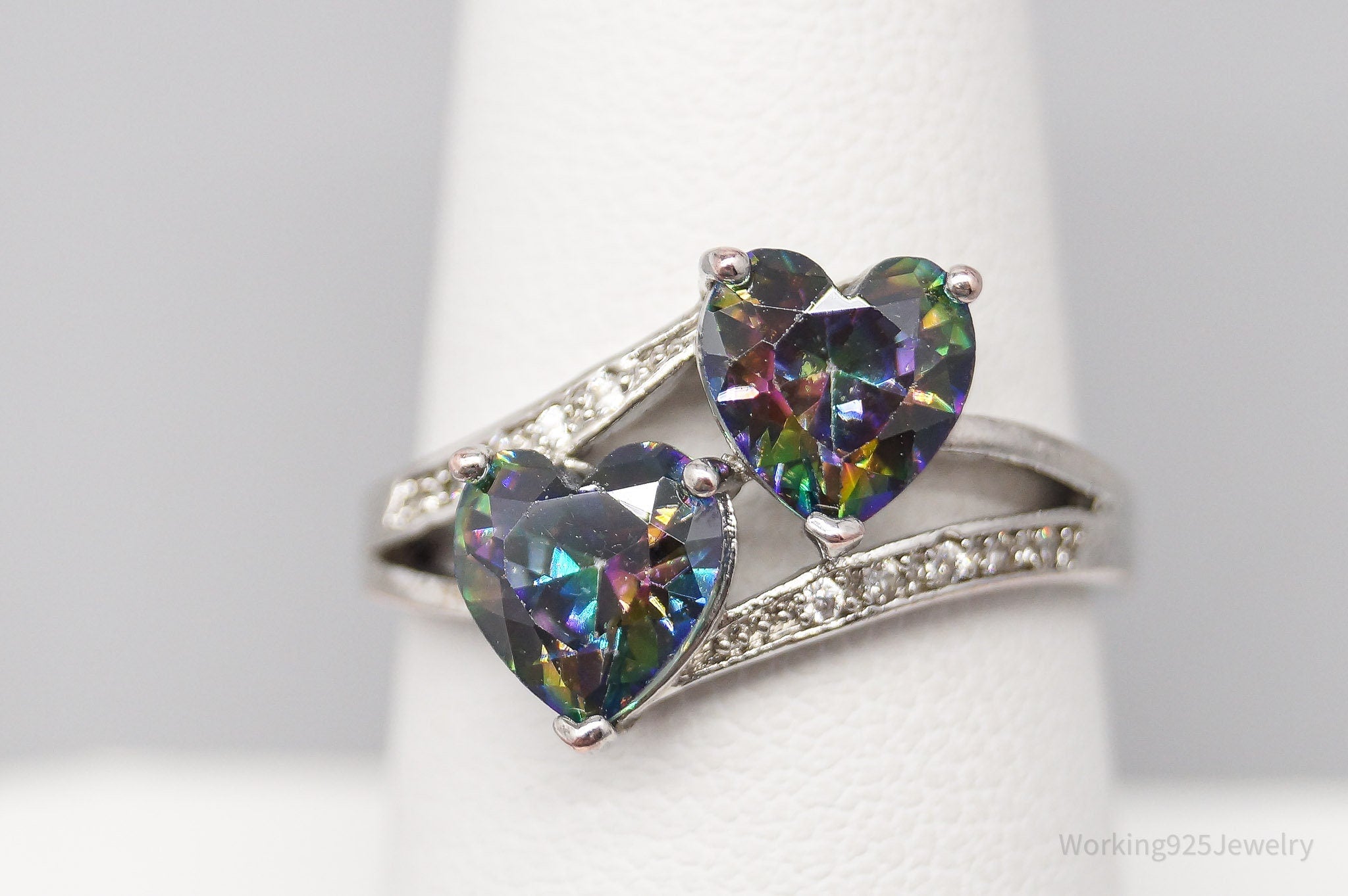 Vintage Faux Mystic Topaz Hearts & Cubic Zirconia Sterling Silver Plated Ring SZ 8