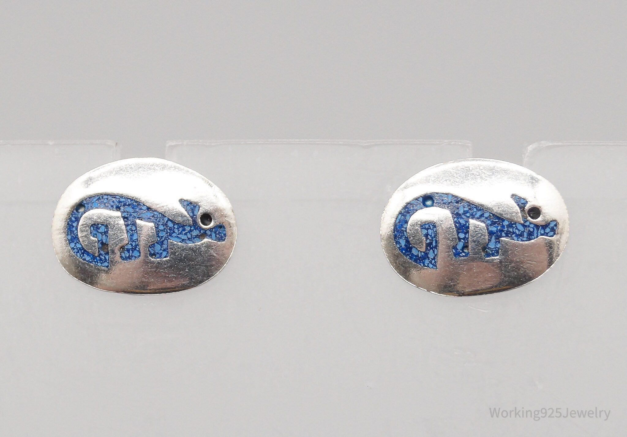 Vintage Lapis Lazuli Inlay Lizard Sterling Silver Earrings