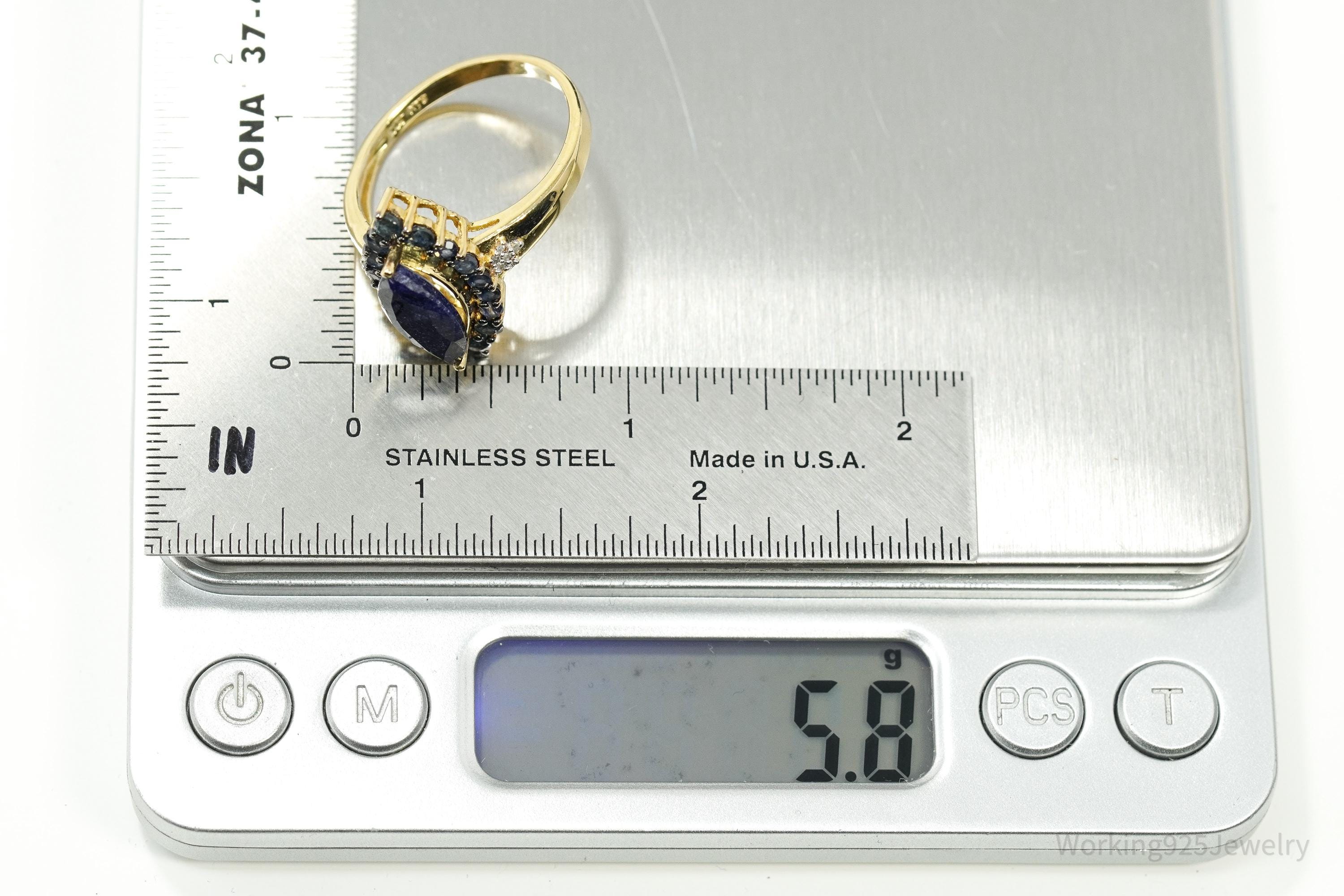 Vintage 70s Sapphire & Diamond Marquise Gold Over Sterling Cocktail Ring Sz 12