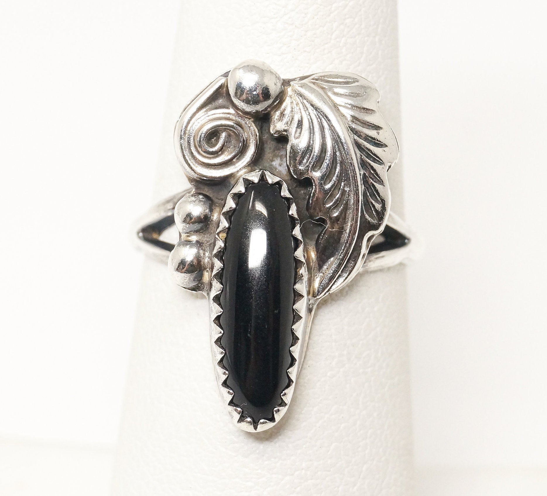 Vintage Native American Signed RB Black Onyx Sterling Silver Ring - Size 6