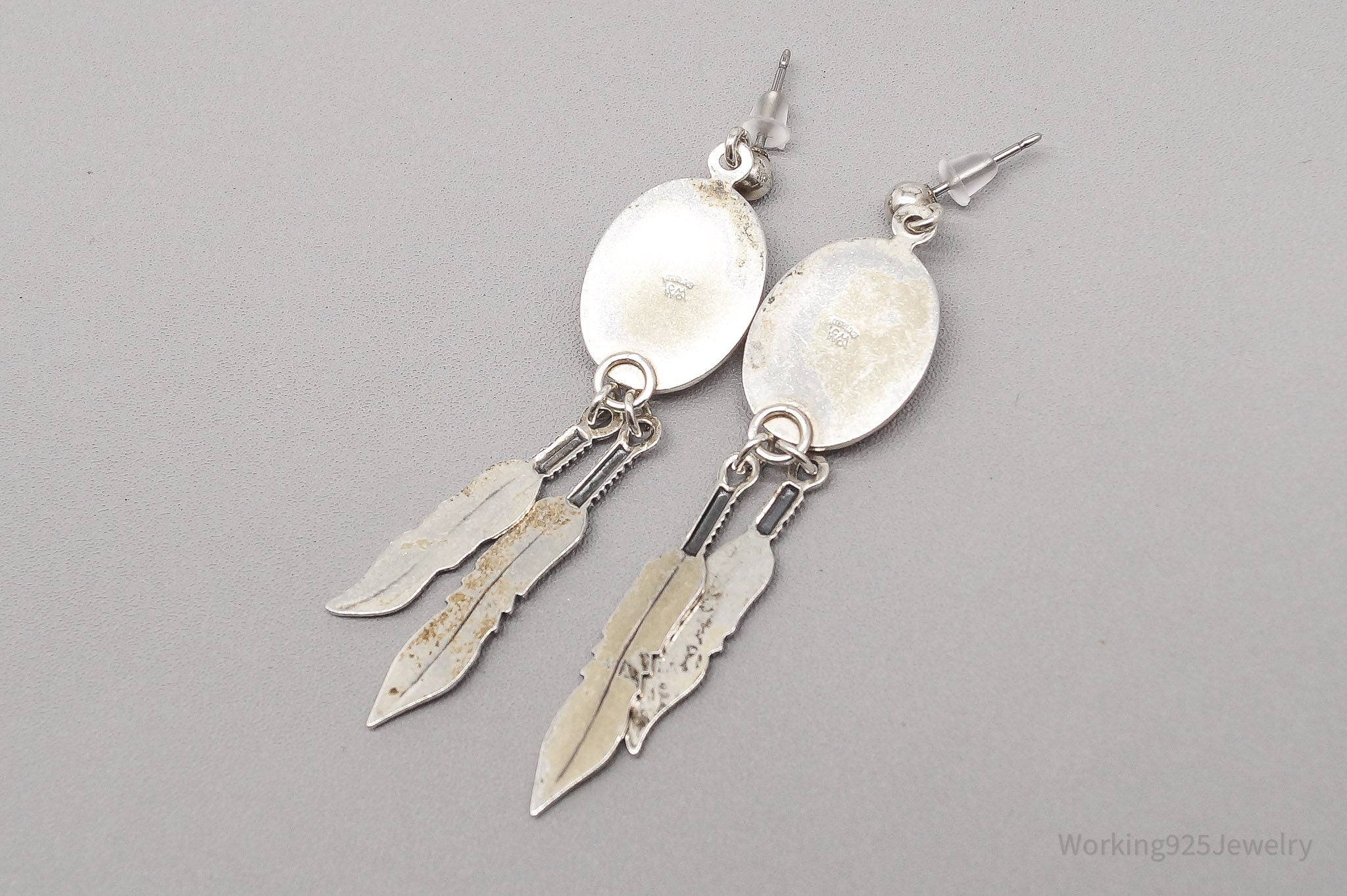 Vintage WMCO Orange Stone Feather Sterling Silver Earrings