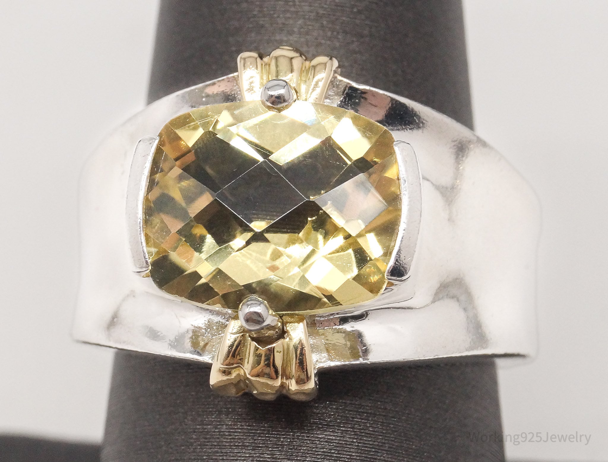 Vintage Large Lemon Quartz Gold Vermeil Sterling Silver Ring - Size 8.75