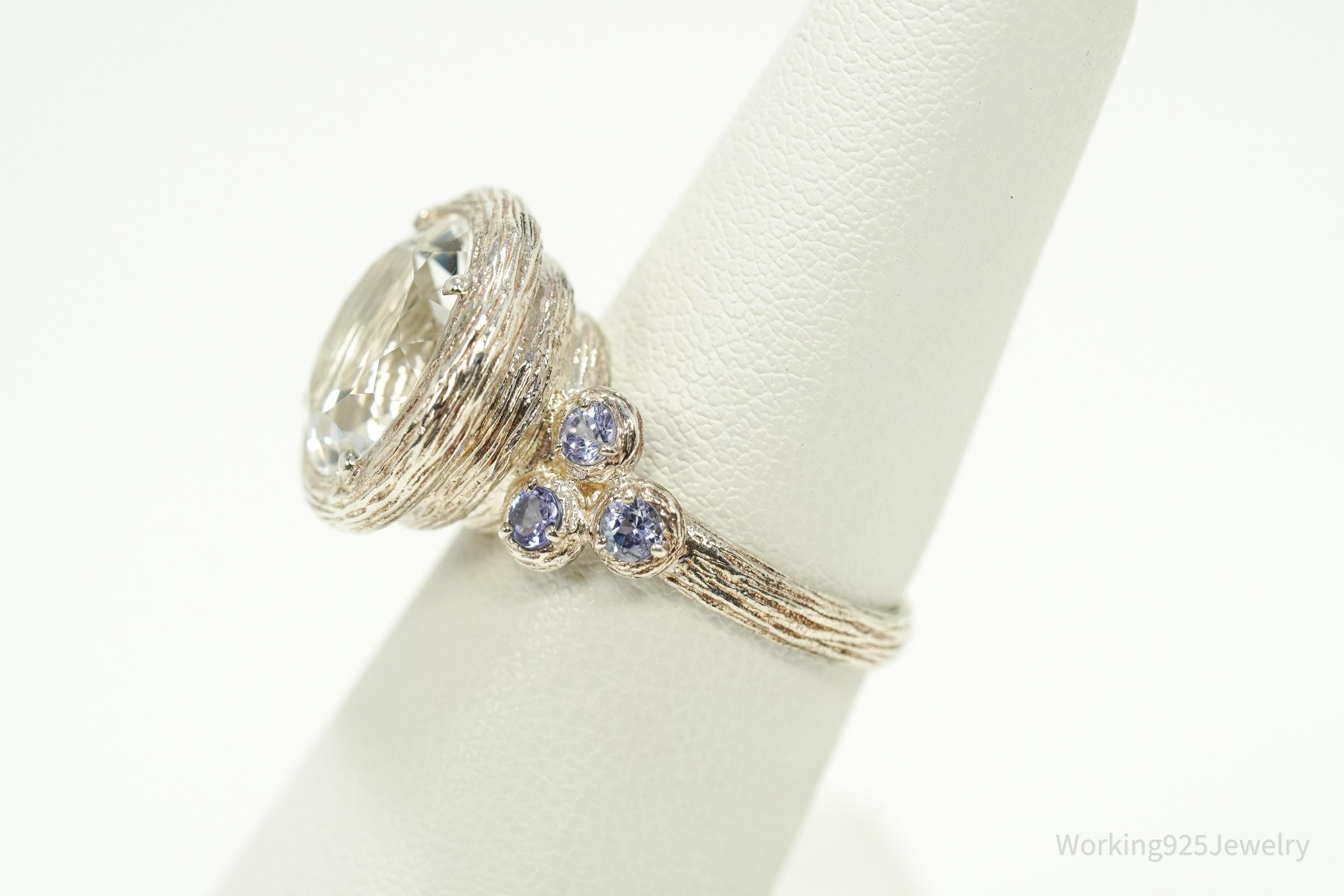 Vintage Israel Designer Paz PZ Clear Quartz & Tanzanite Sterling Silver Ring - Size 6.25