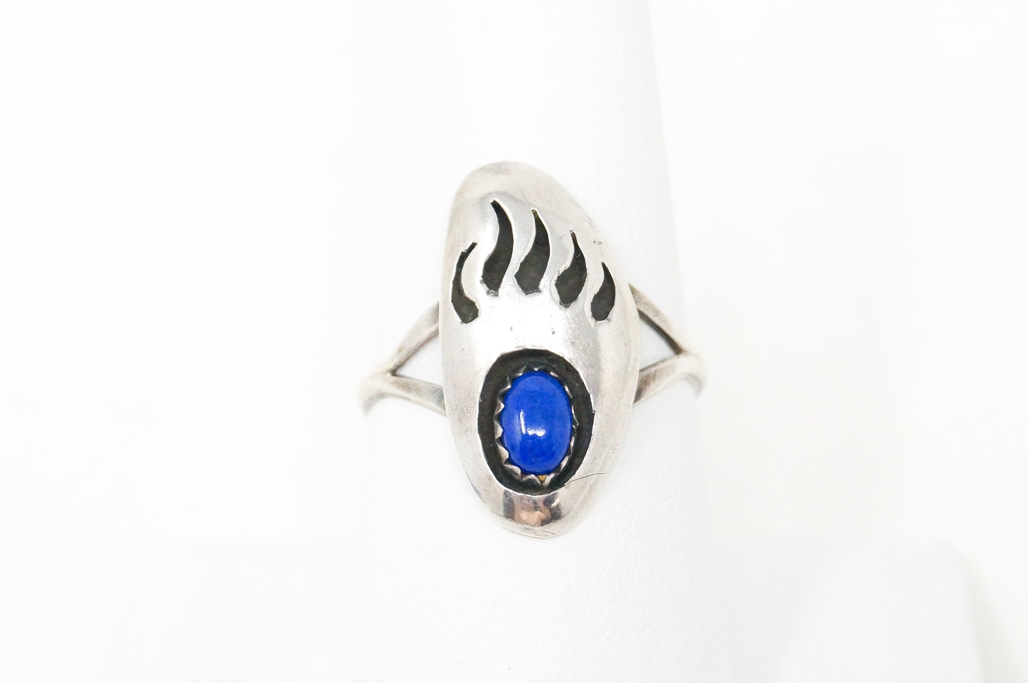 Vintage Native Lapis Lazuli Bear Paw Claw Cut Out Sterling Silver Ring Sz 8.25