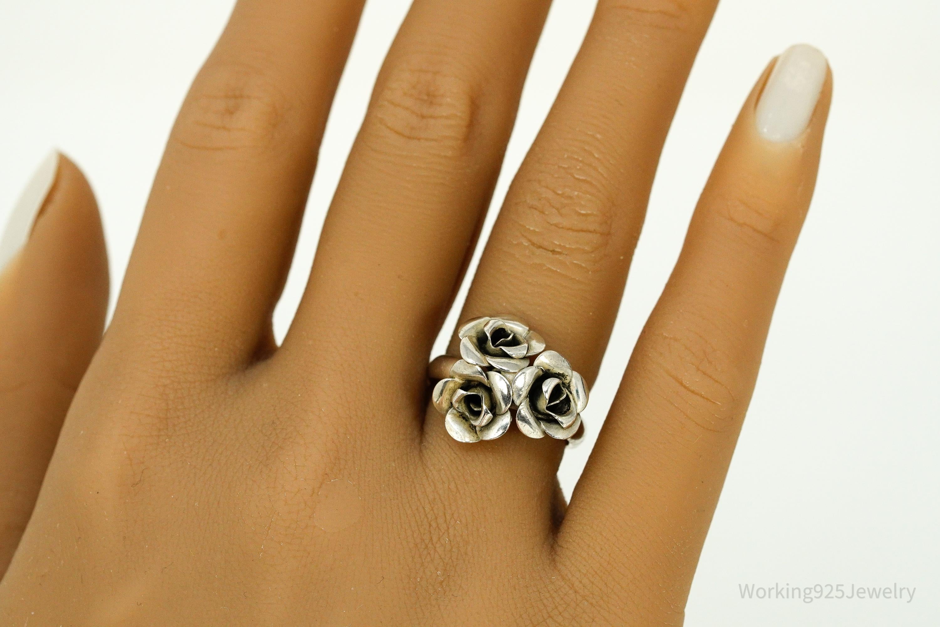 Vintage BEAU Flower Bouquet Adjustable Sterling Silver Ring - Size 6.75