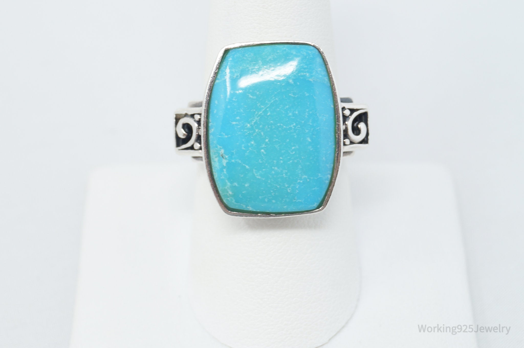 Vintage Large Turquoise Scroll Sterling Silver Ring - Size 8.75