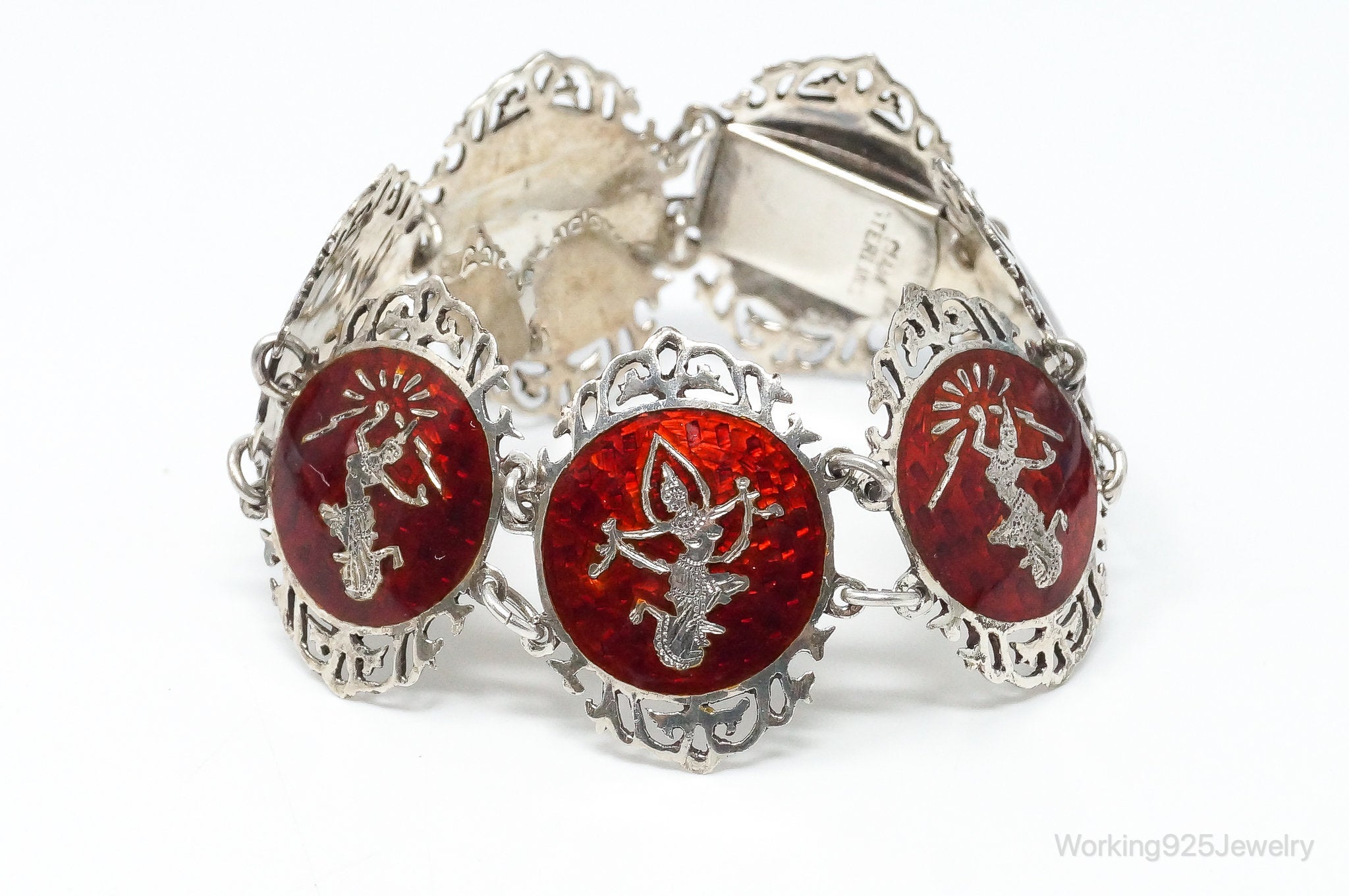 Vintage SIAM Red Enamel Lightening Dancer Sterling Silver Bracelet